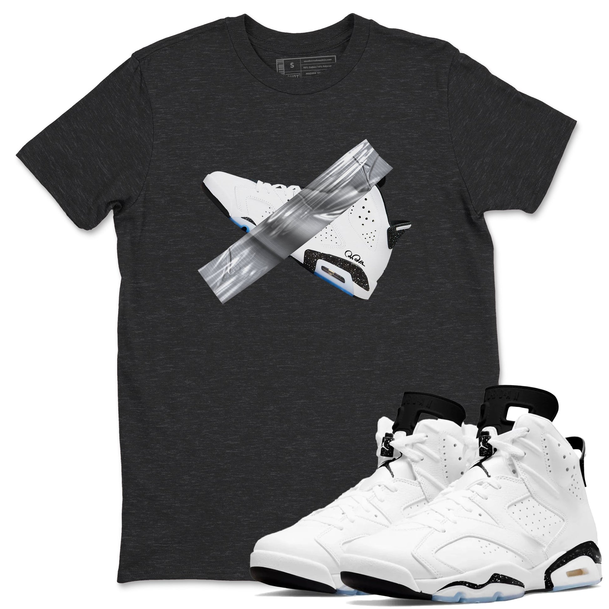 AJ6 White Black shirts to match jordans Duct Tape sneaker match tees Air Jordan 6 White Black SNRT Sneaker Tees streetwear brand Charcoal Heather 1 unisex cotton tee