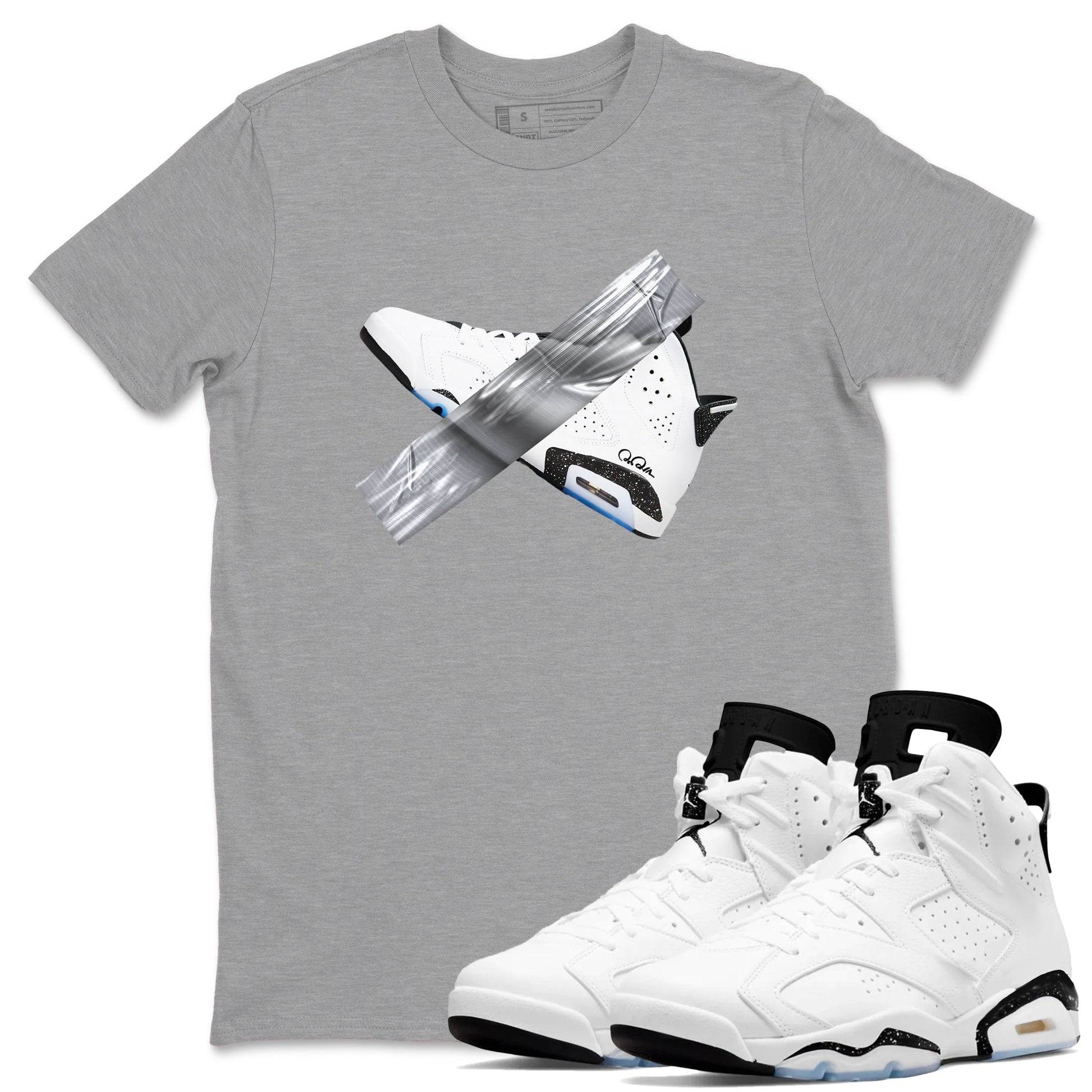 AJ6 White Black shirts to match jordans Duct Tape sneaker match tees Air Jordan 6 White Black SNRT Sneaker Tees streetwear brand Heather Grey 1 unisex cotton tee