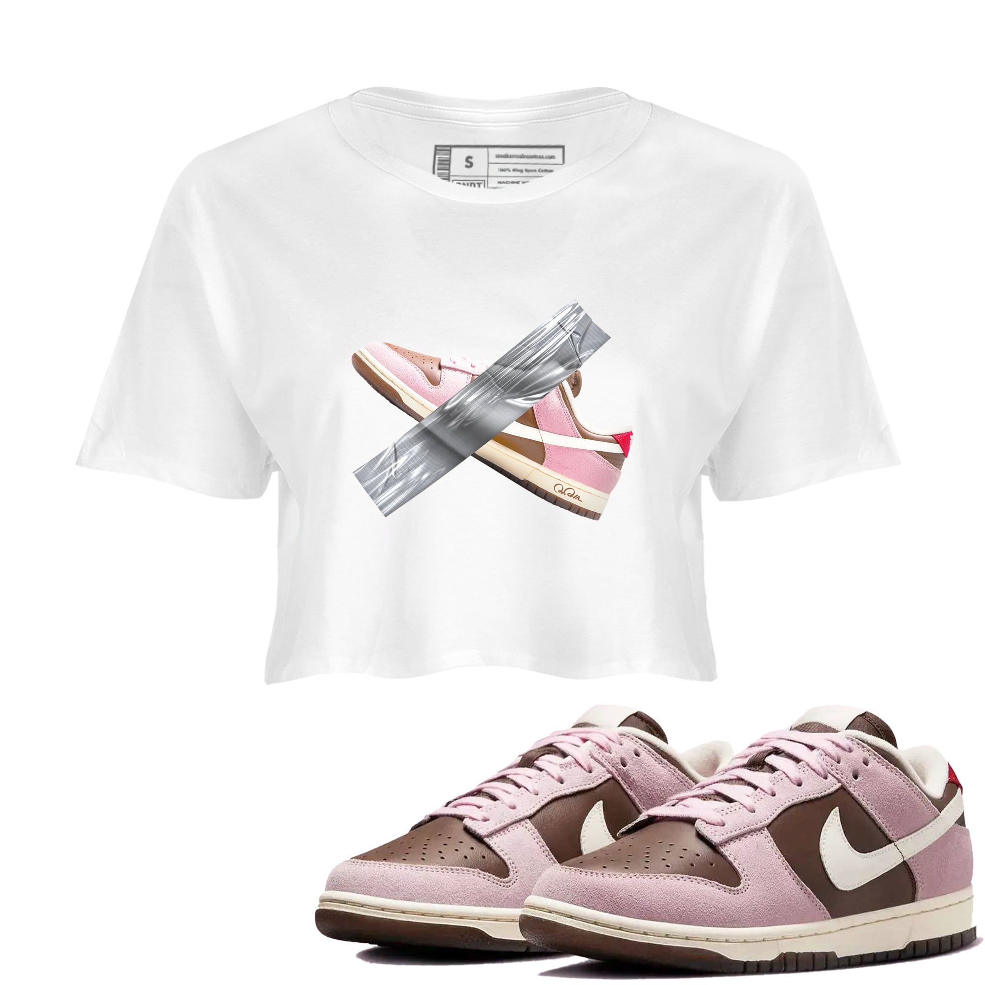 Dunk Cacao Wow And Pink Foam shirts to match jordans Duct Tape sneaker match tees Dunk Cacao Wow And Pink Foam SNRT Sneaker Tees streetwear brand White 1 crop tee
