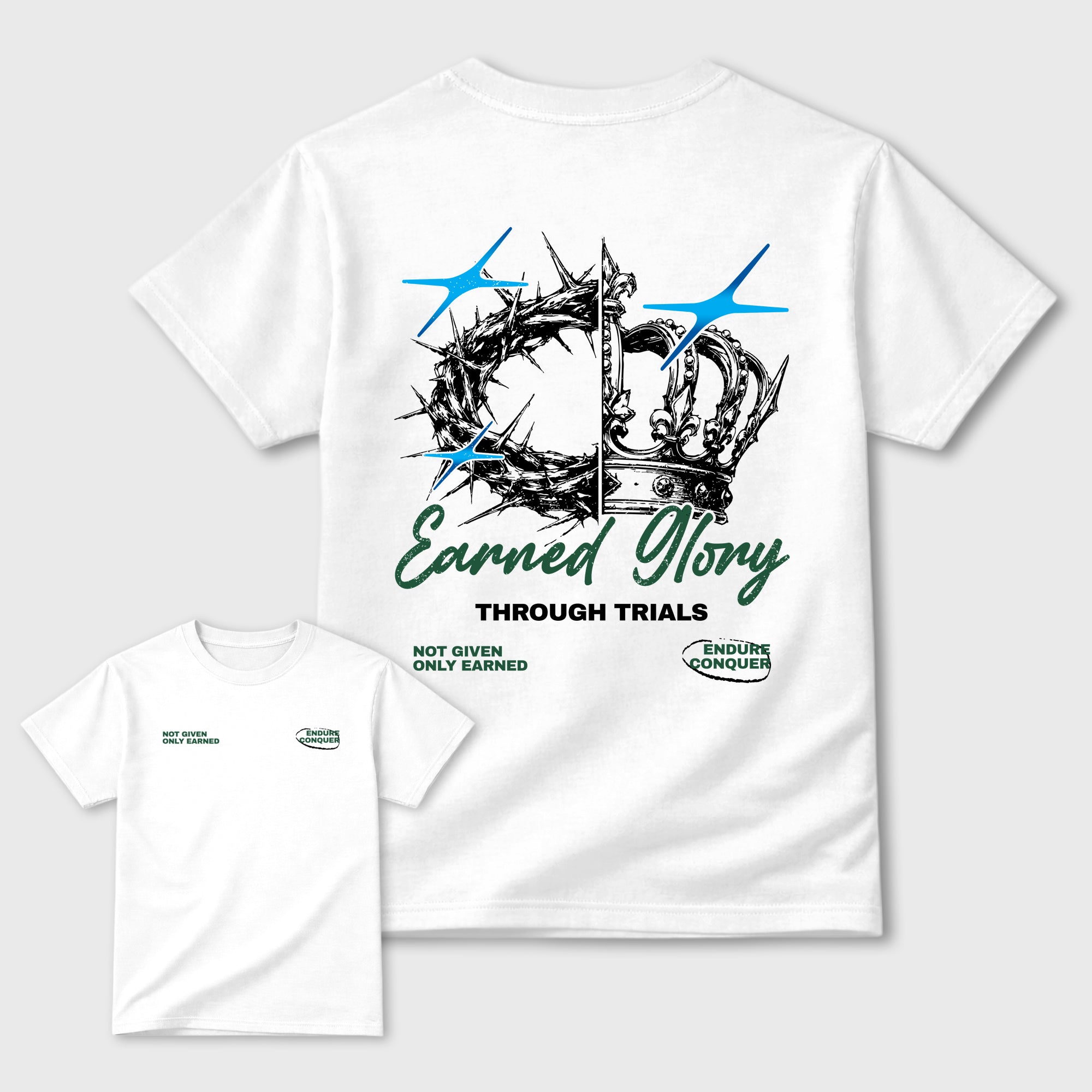 Earned Glory Graphic T-Shirt designed to match the Air Jordan 12 Summit White and Gorge Green sneakers, a sneaker matching shirt for a coordinated sneaker outfit.