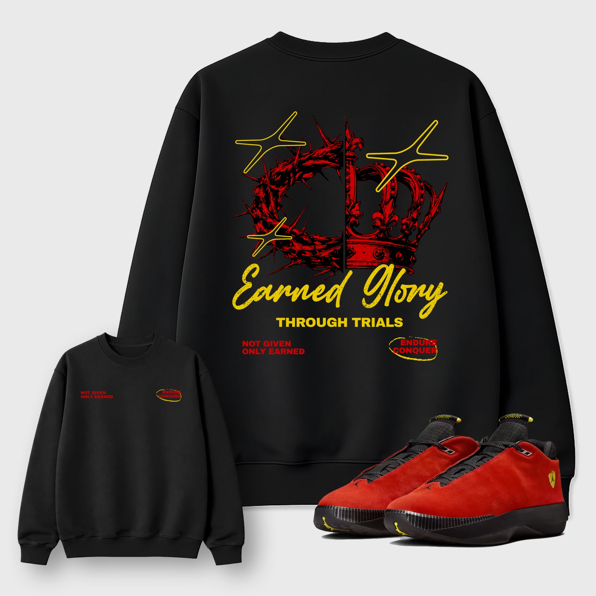 Earned Glory Black Graphic Sweatshirt - 1, a sneaker matching sweatshirt designed to coordinate with Air Jordan 14 Challenge Red sneakers for a complete sneaker outfit.