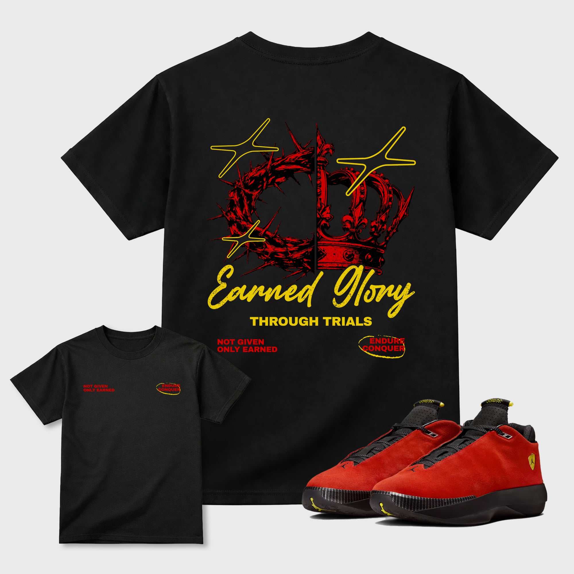 Earned Glory Black Graphic T-Shirt - 3, sneaker matching shirt designed to pair with Air Jordan 14 Challenge Red sneakers for a coordinated streetwear outfit.