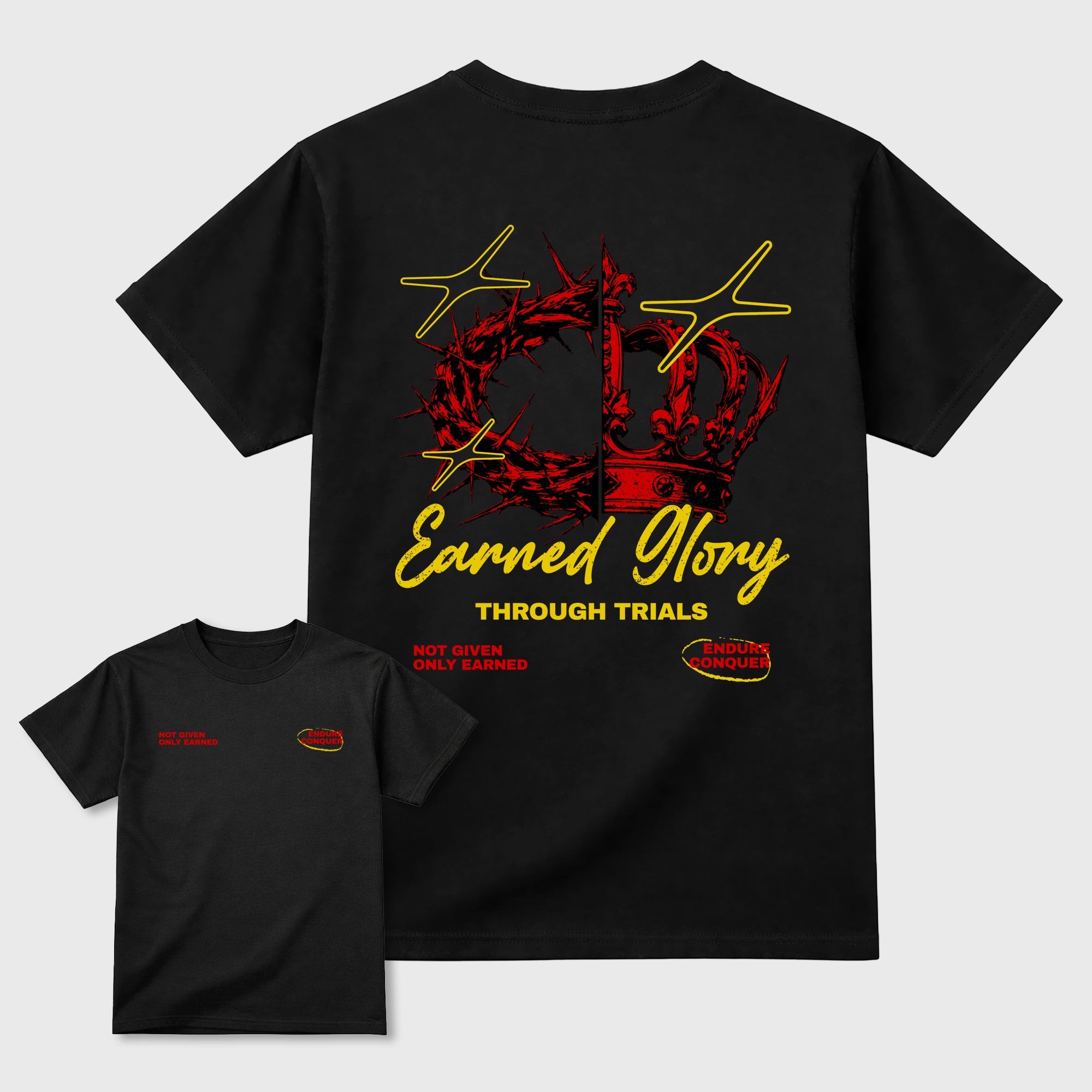 Earned Glory Black Graphic T-Shirt - 3, sneaker matching shirt designed to pair with Air Jordan 14 Challenge Red sneakers for a coordinated streetwear outfit.