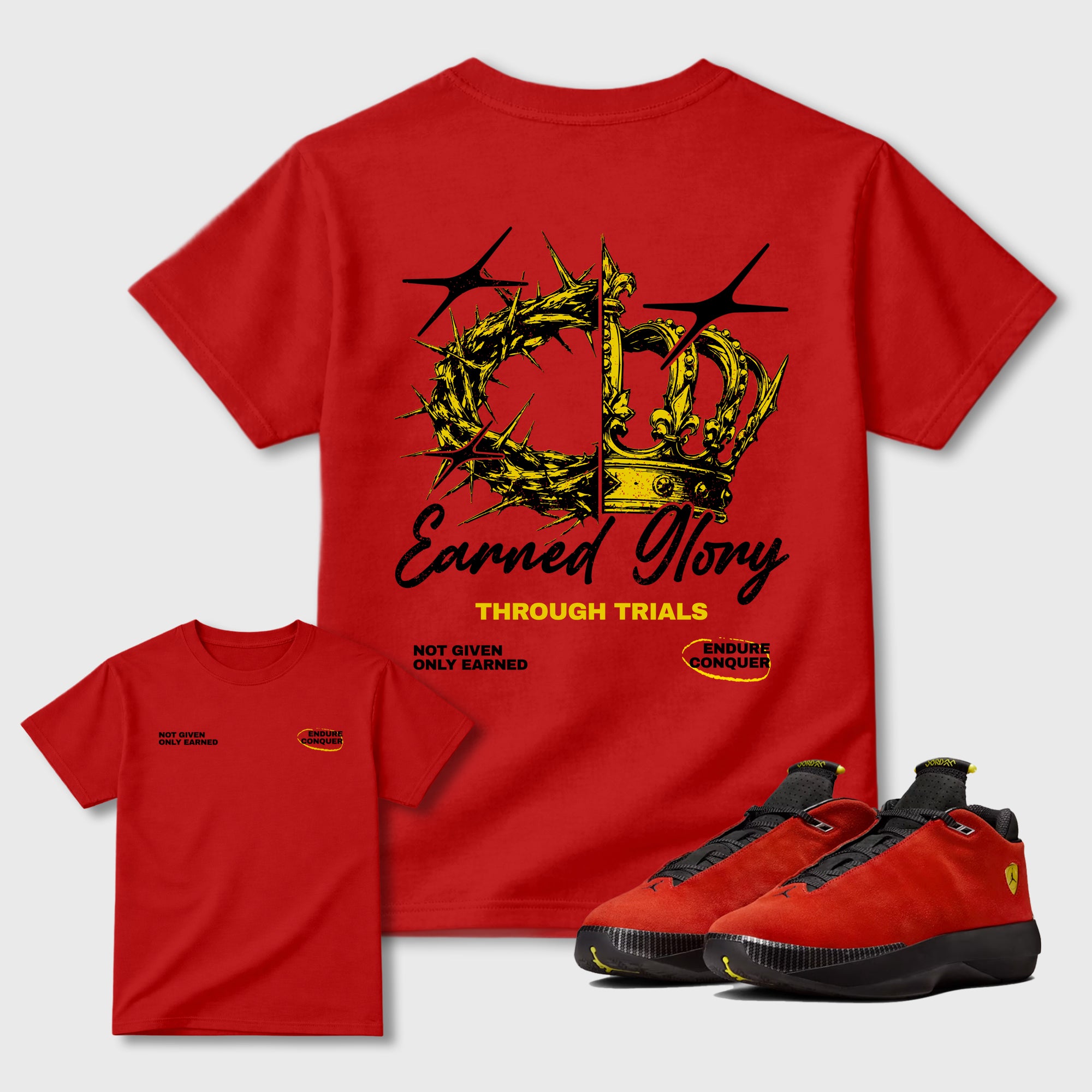 Earned Glory Red Graphic T-Shirt - 1, sneaker matching tee designed to match Air Jordan 14 Challenge Red sneakers for a coordinated sneaker outfit.