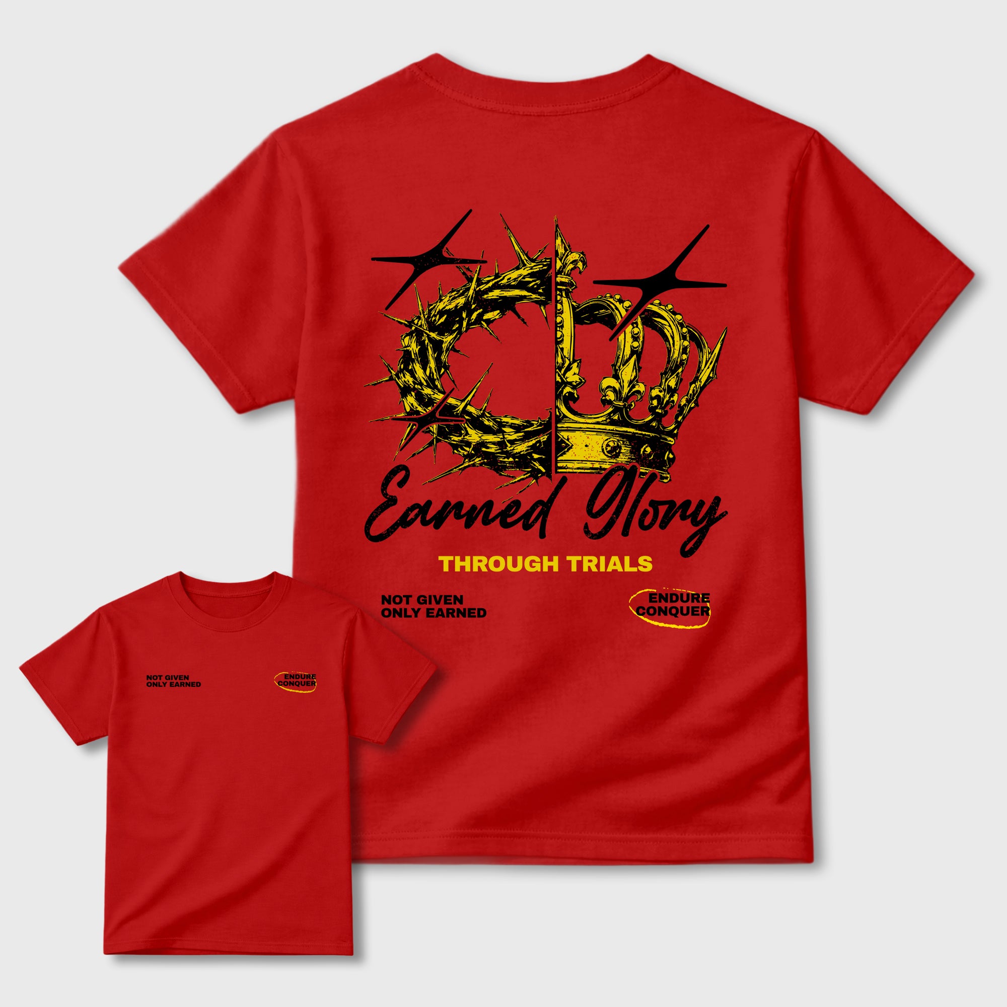 Earned Glory Red Graphic T-Shirt - 1, sneaker matching tee designed to match Air Jordan 14 Challenge Red sneakers for a coordinated sneaker outfit.