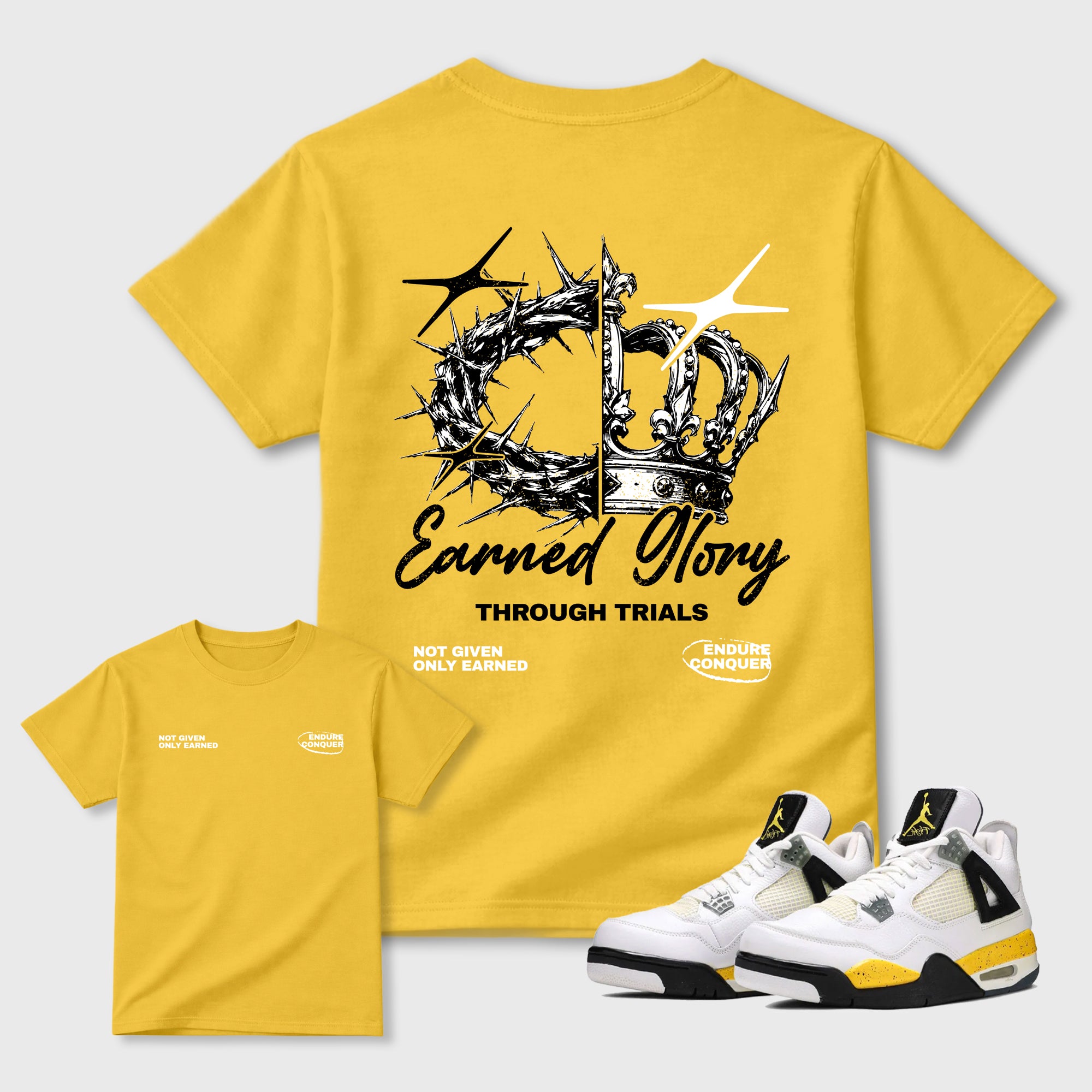 Earned Glory Graphic T-Shirt featuring original streetwear artwork designed to complement the bold Tour Yellow and Dark Blue Grey accents of the Air Jordan 4 Tour Yellow. Daisy Graphic T-Shirt.