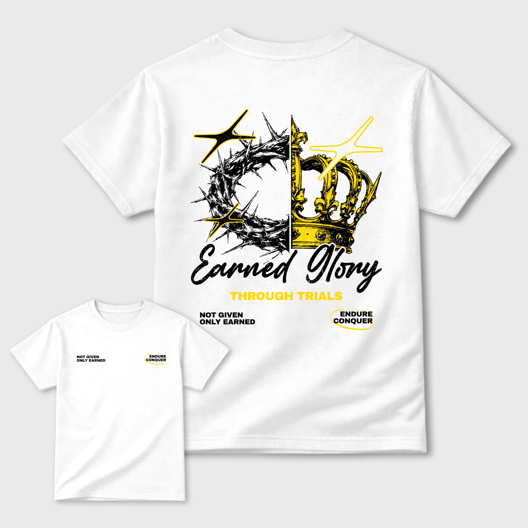 Earned Glory Graphic T-Shirt featuring original streetwear artwork designed to complement the bold Tour Yellow and Dark Blue Grey accents of the Air Jordan 4 Tour Yellow. White Graphic T-Shirt.