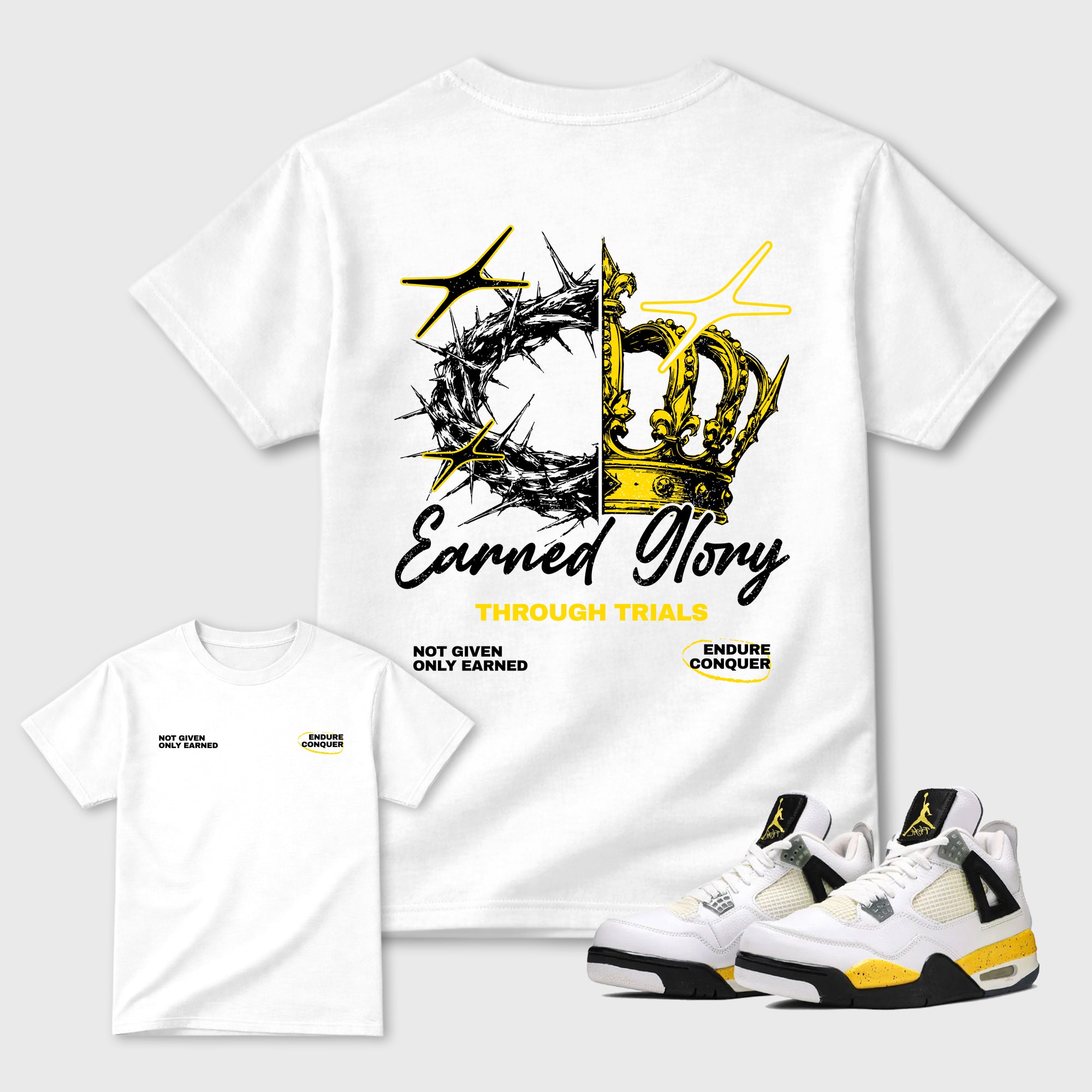 Earned Glory Graphic T-Shirt featuring original streetwear artwork designed to complement the bold Tour Yellow and Dark Blue Grey accents of the Air Jordan 4 Tour Yellow. White Graphic T-Shirt.