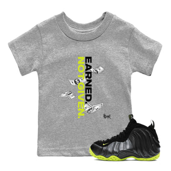 Foams One Black Volt shirts to match jordans Earned Not Given sneaker match tees Air Foamposite One Black and Volt match shoes to clothes SNRT Sneaker Tees Youth Baby Heather Grey 1 tee