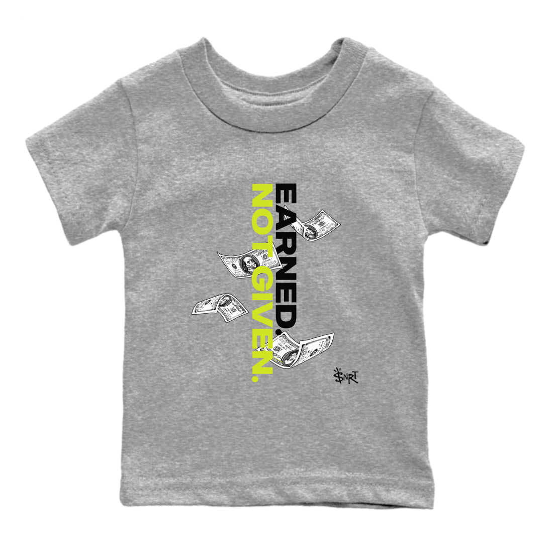 Foams One Black Volt shirts to match jordans Earned Not Given sneaker match tees Air Foamposite One Black and Volt match shoes to clothes SNRT Sneaker Tees Youth Baby Heather Grey 2 tee
