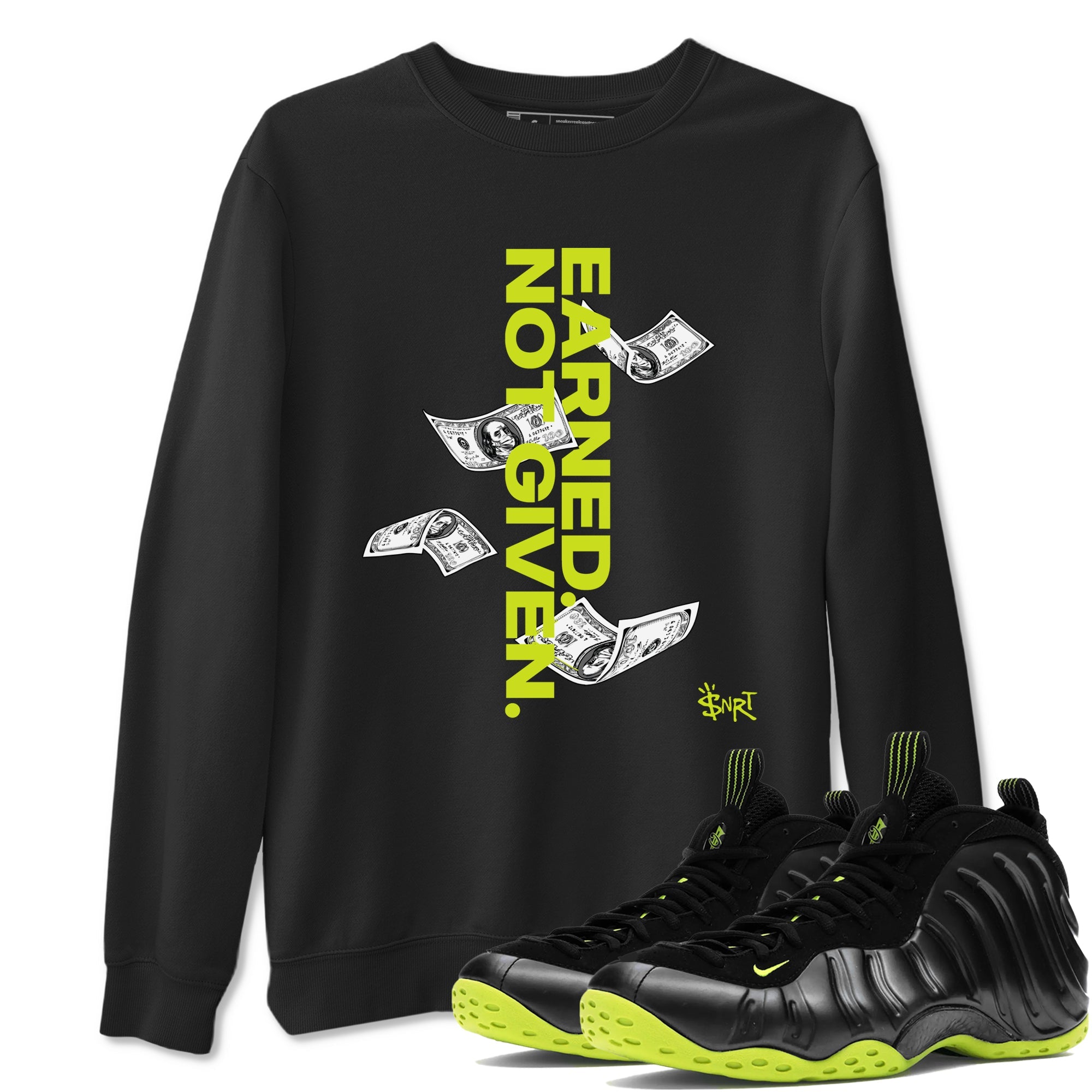 Foams One Black Volt shirts to match jordans Earned Not Given sneaker match tees Air Foamposite One Black and Volt match shoes to clothes SNRT Sneaker Tees unisex cotton Black 1 shirts