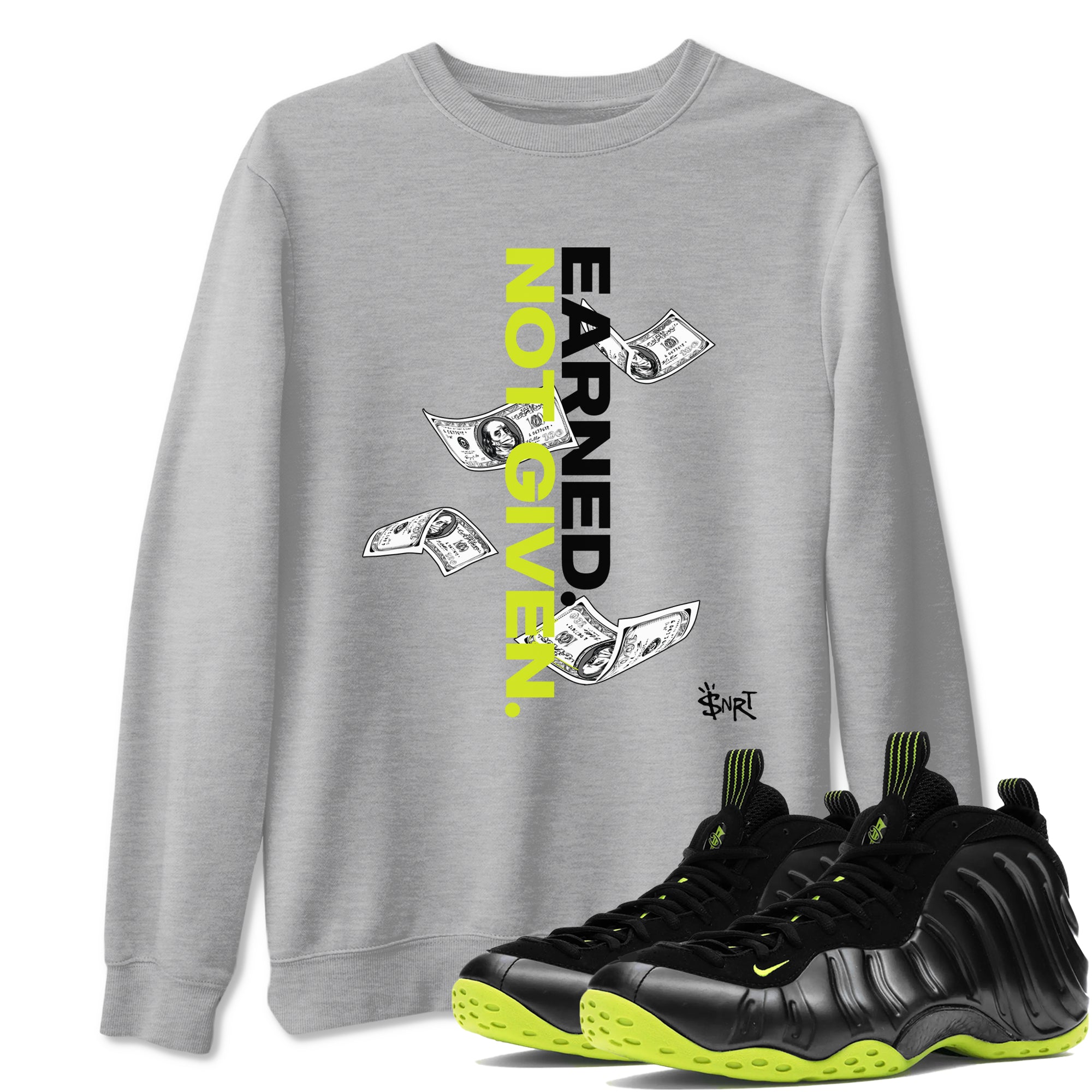 Foams One Black Volt shirts to match jordans Earned Not Given sneaker match tees Air Foamposite One Black and Volt match shoes to clothes SNRT Sneaker Tees unisex cotton Heather Grey 1 shirts