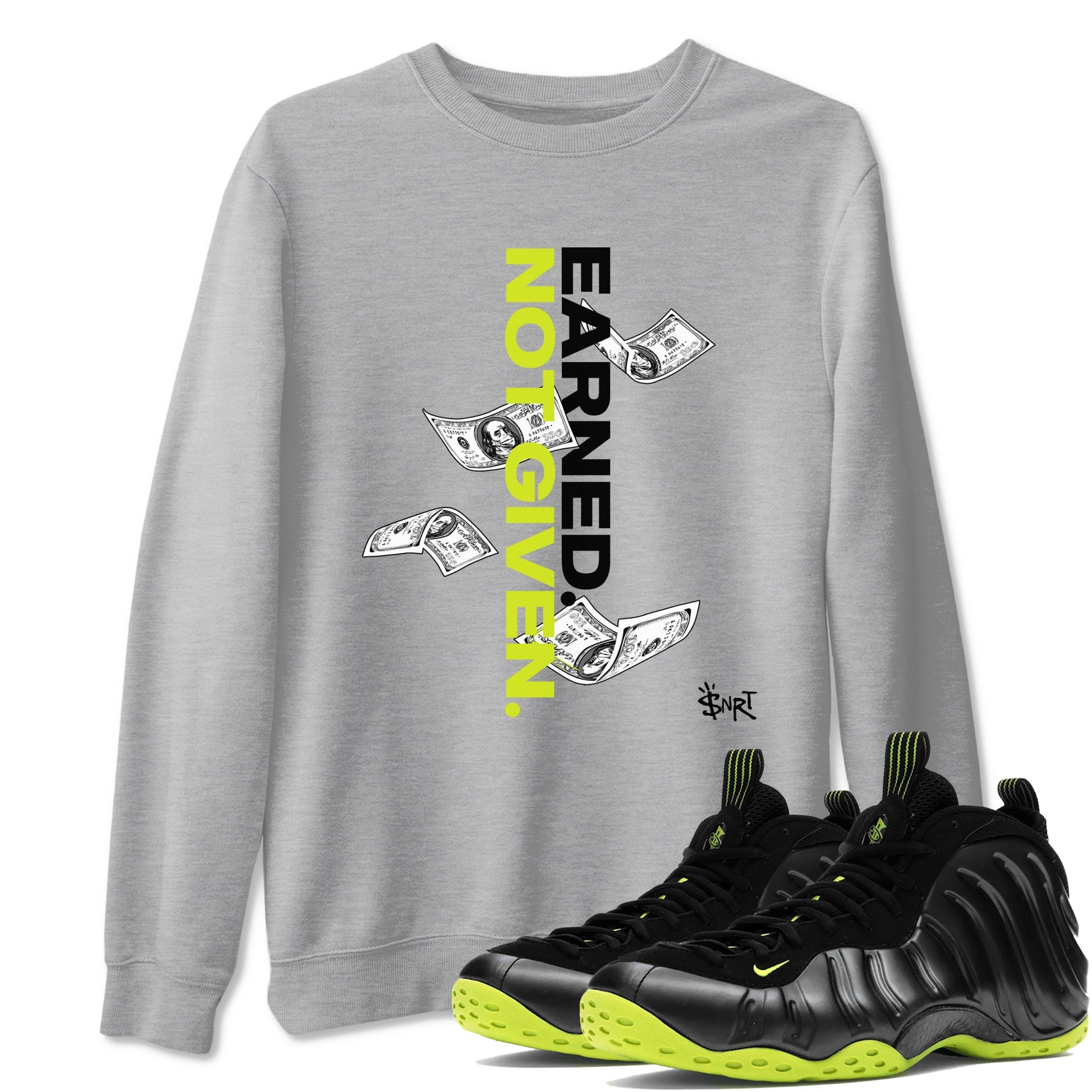 Foams One Black Volt shirts to match jordans Earned Not Given sneaker match tees Air Foamposite One Black and Volt match shoes to clothes SNRT Sneaker Tees unisex cotton Heather Grey 1 shirts