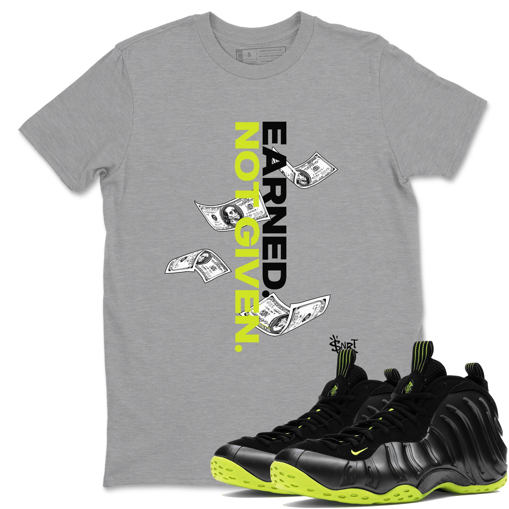 Foams One Black Volt shirts to match jordans Earned Not Given sneaker match tees Air Foamposite One Black and Volt match shoes to clothes SNRT Sneaker Tees unisex cotton Heather Grey 1 shirts