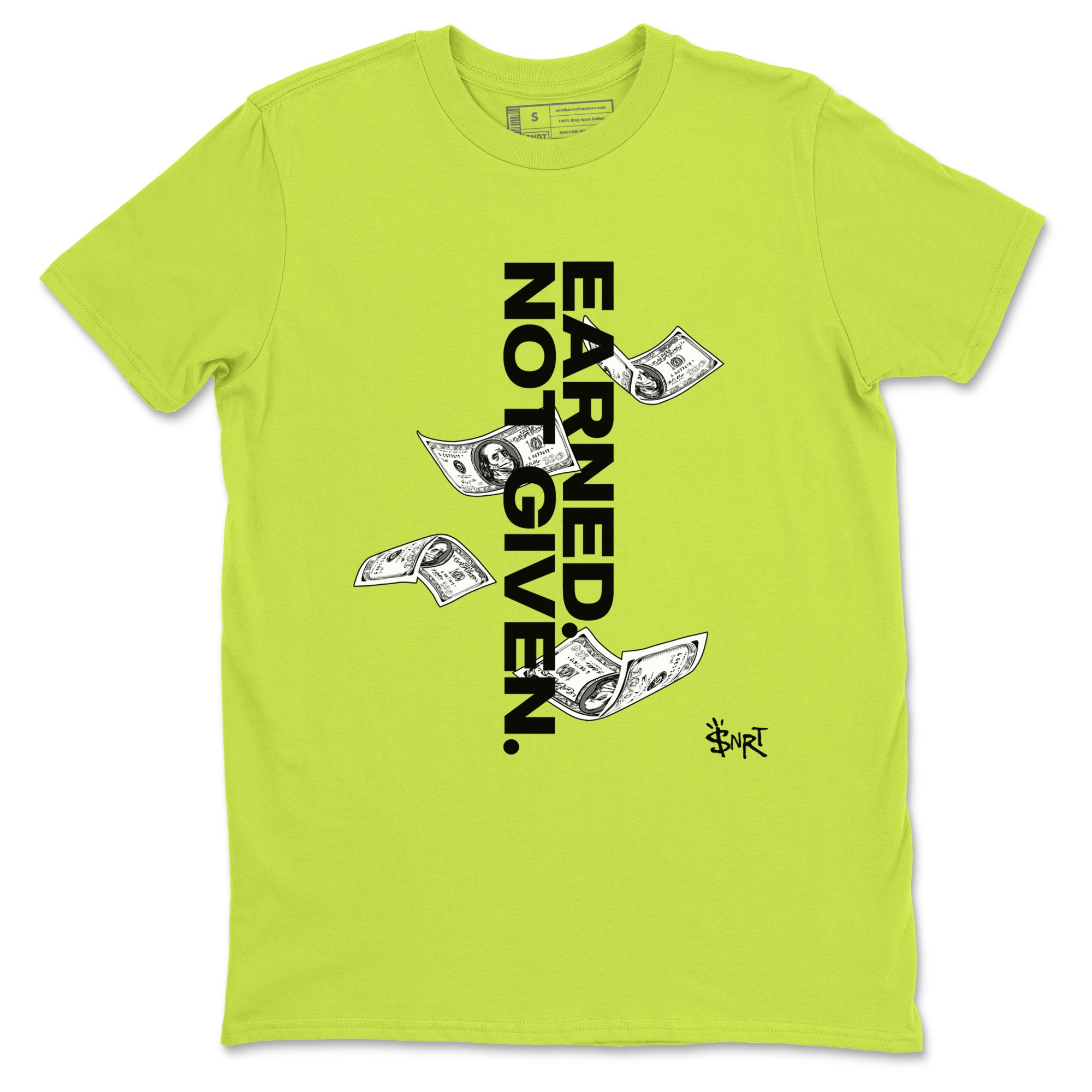 Foams One Black Volt shirts to match jordans Earned Not Given sneaker match tees Air Foamposite One Black and Volt match shoes to clothes SNRT Sneaker Tees unisex cotton Safety Green 2 shirts