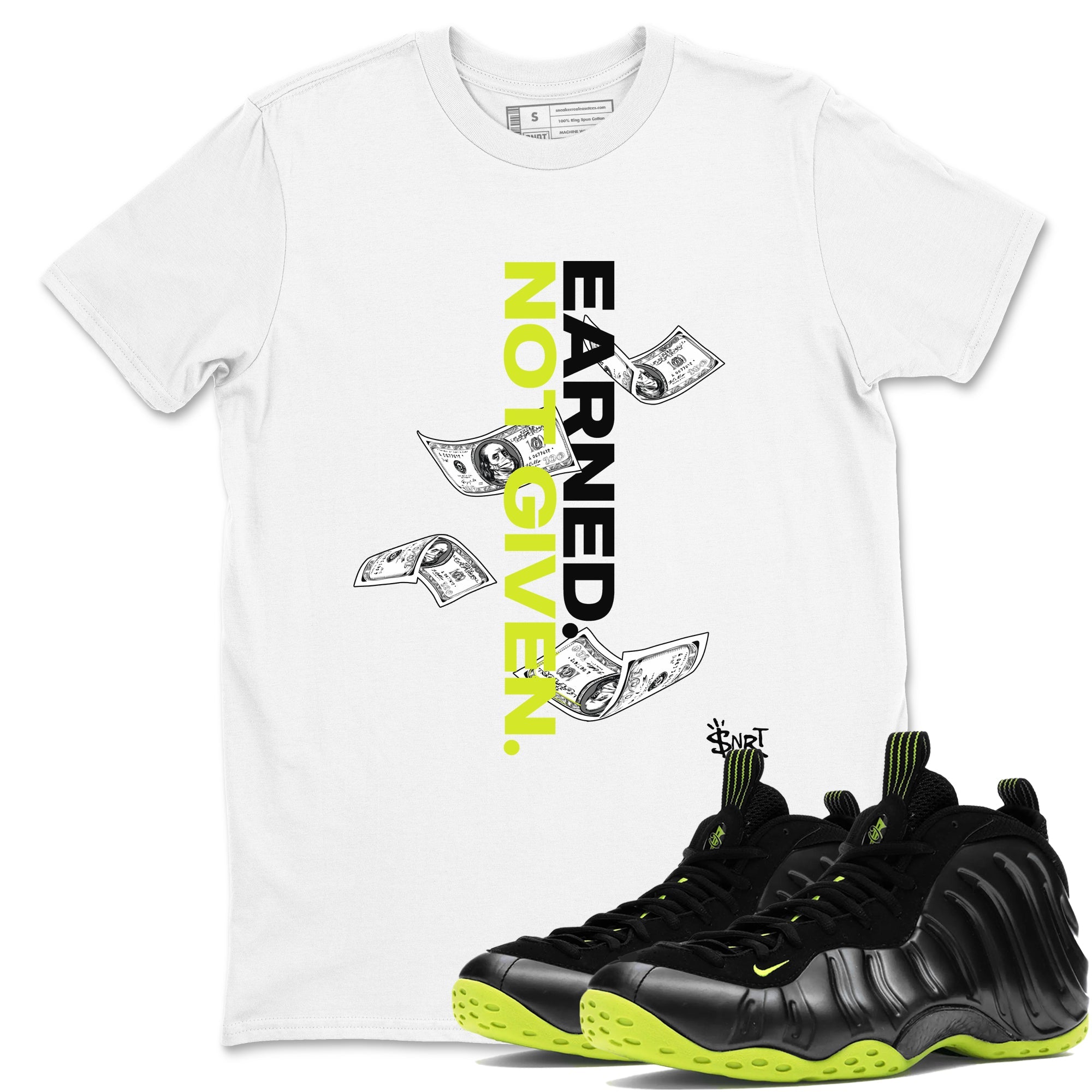 Foams One Black Volt shirts to match jordans Earned Not Given sneaker match tees Air Foamposite One Black and Volt match shoes to clothes SNRT Sneaker Tees unisex cotton White 1 shirts