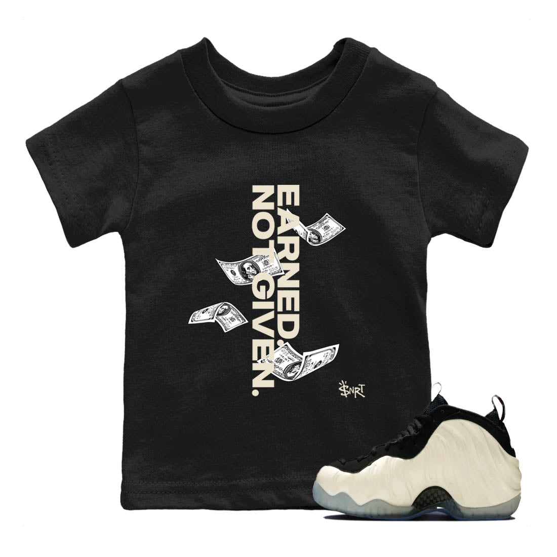 Sneaker Threads – Sneaker Tees To Match Air Foamposite One Pearl – Earned Not Given Youth Graphic Tee Black 1. Perfect for Jordan releases 2025 colorways.