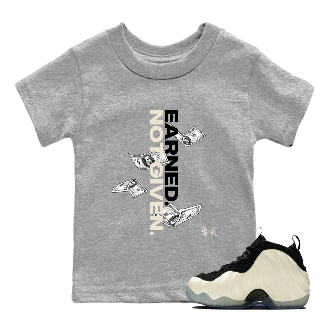 Sneaker Threads – Sneaker Tees To Match Air Foamposite One Pearl – Earned Not Given Youth Graphic Tee Heather Grey 1. Perfect for Jordan releases 2025 colorways.