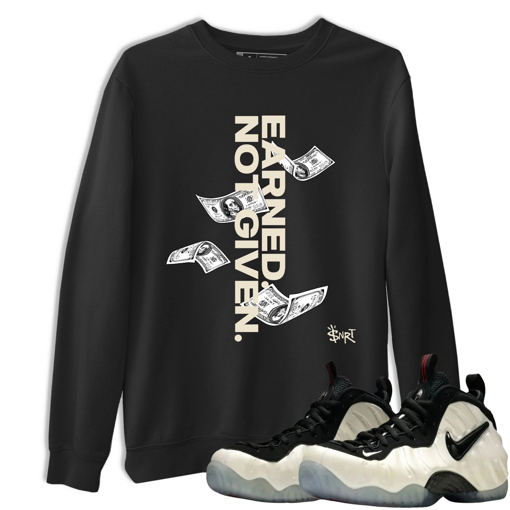 Sneaker Threads – Sneaker Tees To Match Air Foamposite One Pearl – Earned Not Given Graphic Tee Black 1. Perfect for Jordan releases 2025 colorways.