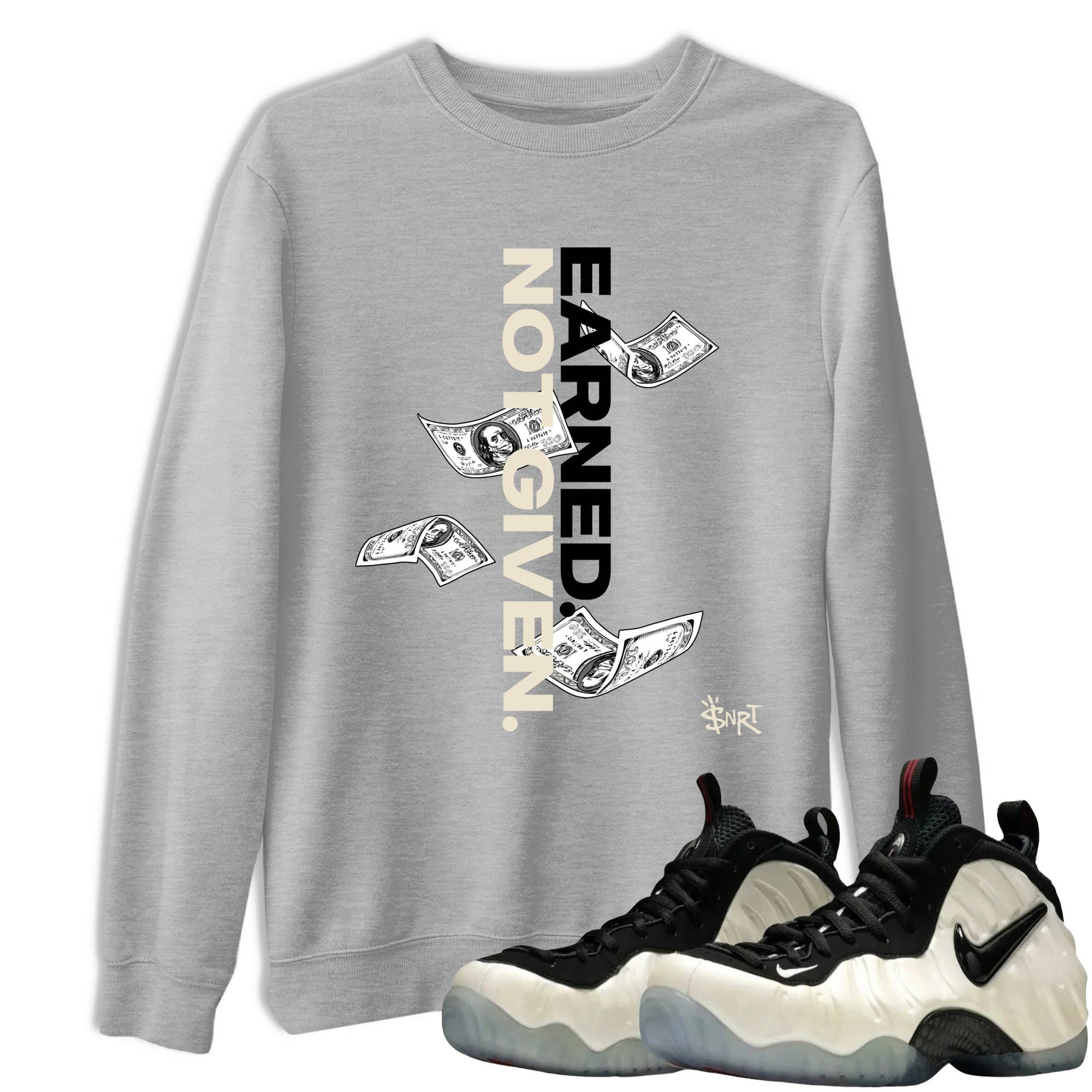 Sneaker Threads – Sneaker Tees To Match Air Foamposite One Pearl – Earned Not Given Graphic Tee Heather Grey 1. Perfect for Jordan releases 2025 colorways.