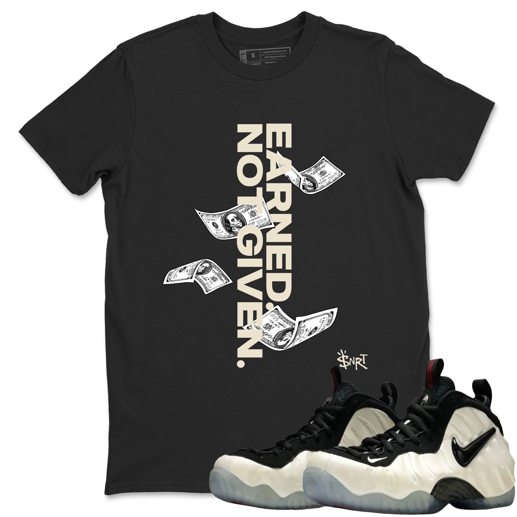Sneaker Threads – Sneaker Tees To Match Air Foamposite One Pearl – Earned Not Given Graphic Tee Black 1. Perfect for Jordan releases 2025 colorways.
