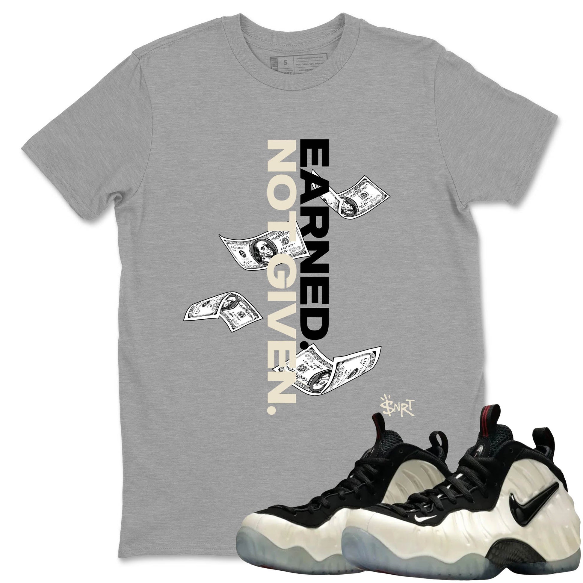Sneaker Threads – Sneaker Tees To Match Air Foamposite One Pearl – Earned Not Given Graphic Tee Heather Grey 1. Perfect for Jordan releases 2025 colorways.