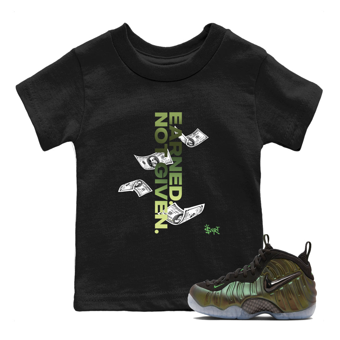 Best Christmas gifts for sneakerheads - Sneaker Tees To Match Air Foamposite One Pine Green Sneakers – Earned Not Given Kids T-Shirt Black 1