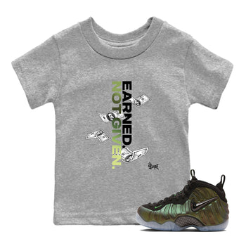 Best Christmas gifts for sneakerheads - Sneaker Tees To Match Air Foamposite One Pine Green Sneakers – Earned Not Given Kids T-Shirt Heather Grey 1