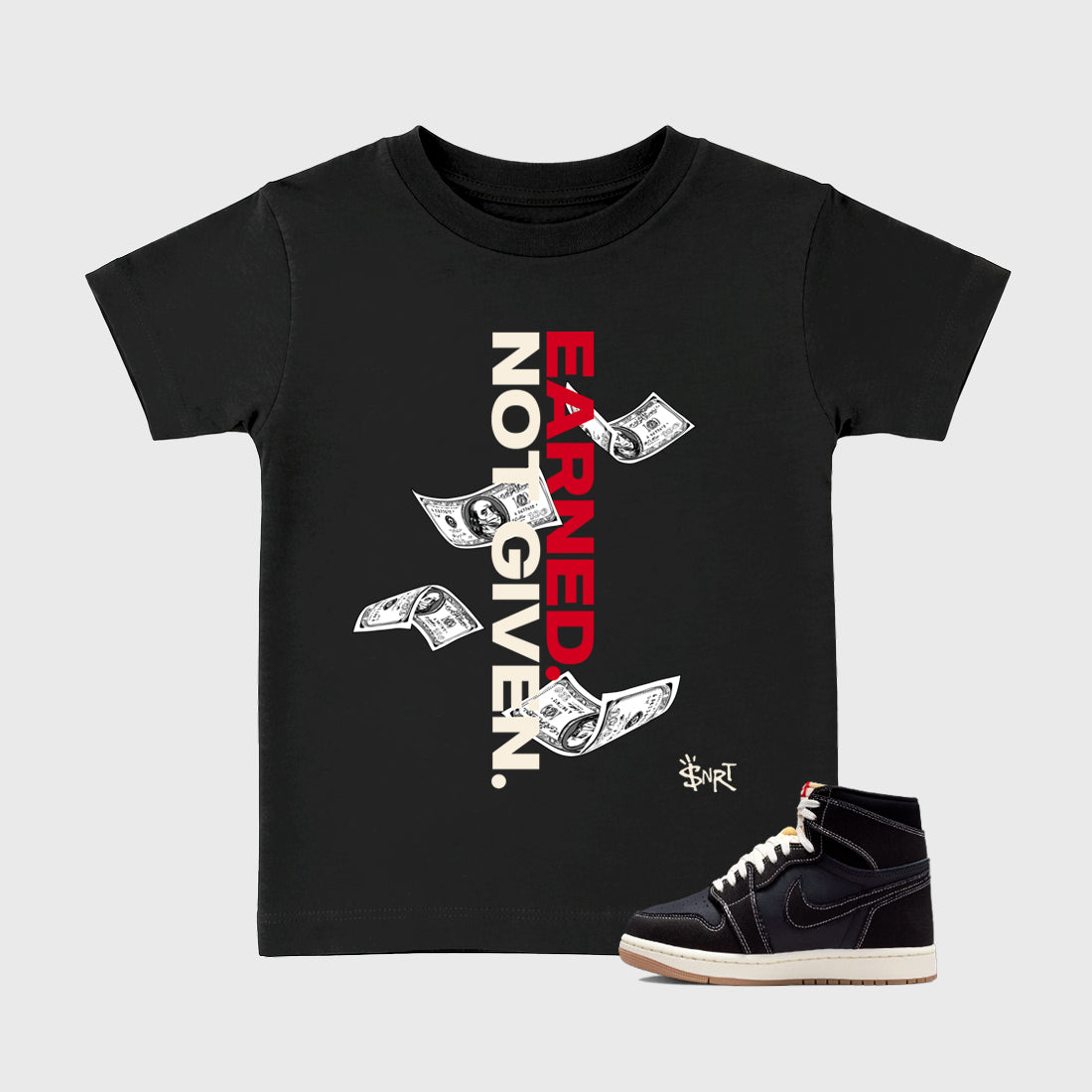 Sneaker match tees – Sneaker Tees To Match Air Jordan 1 Flight Club Shoes – Earned Not Given Kids T-Shirt Black 1
