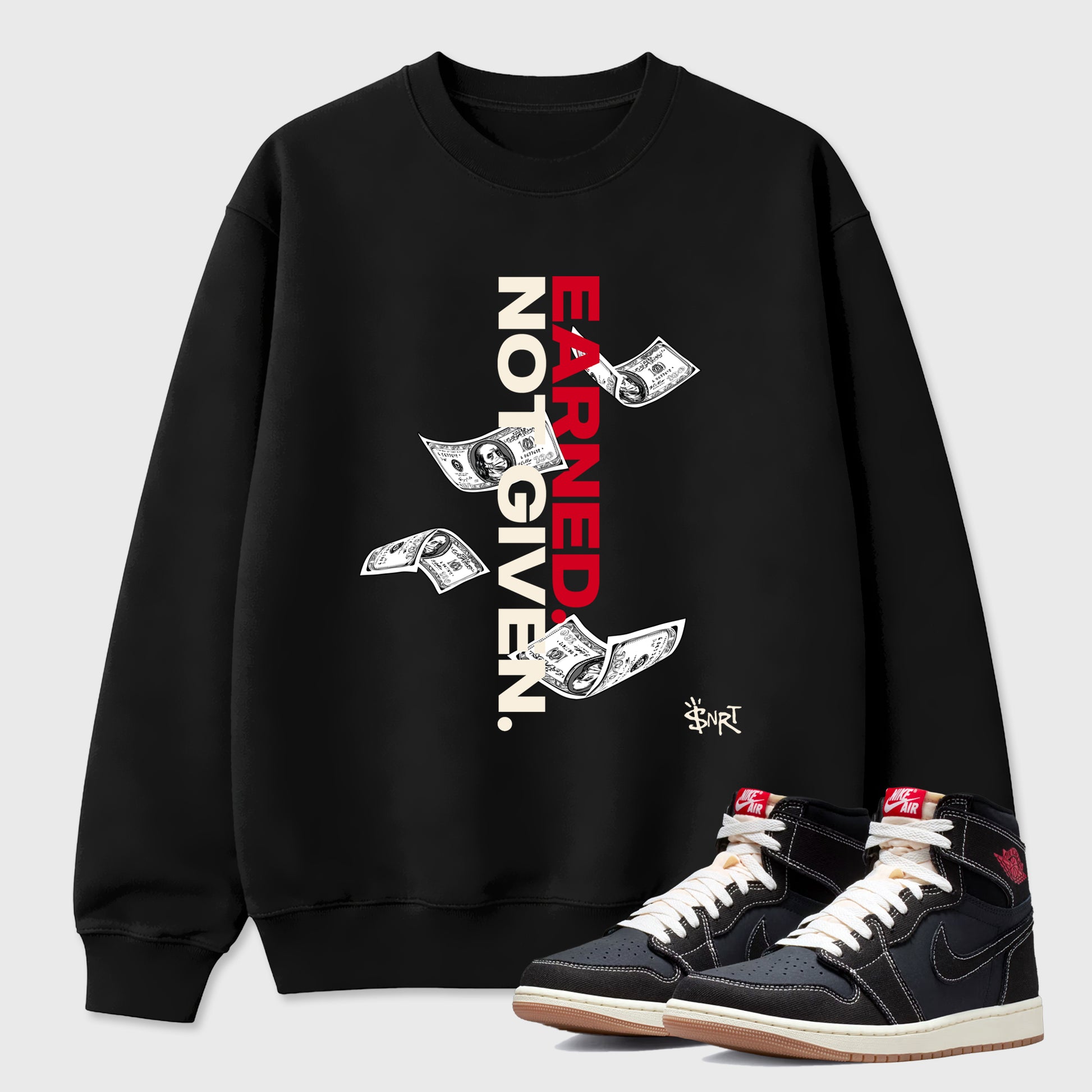 Sneaker match tees – Sneaker Tees To Match Air Jordan 1 Flight Club Shoes – Earned Not Given Tee Black 1