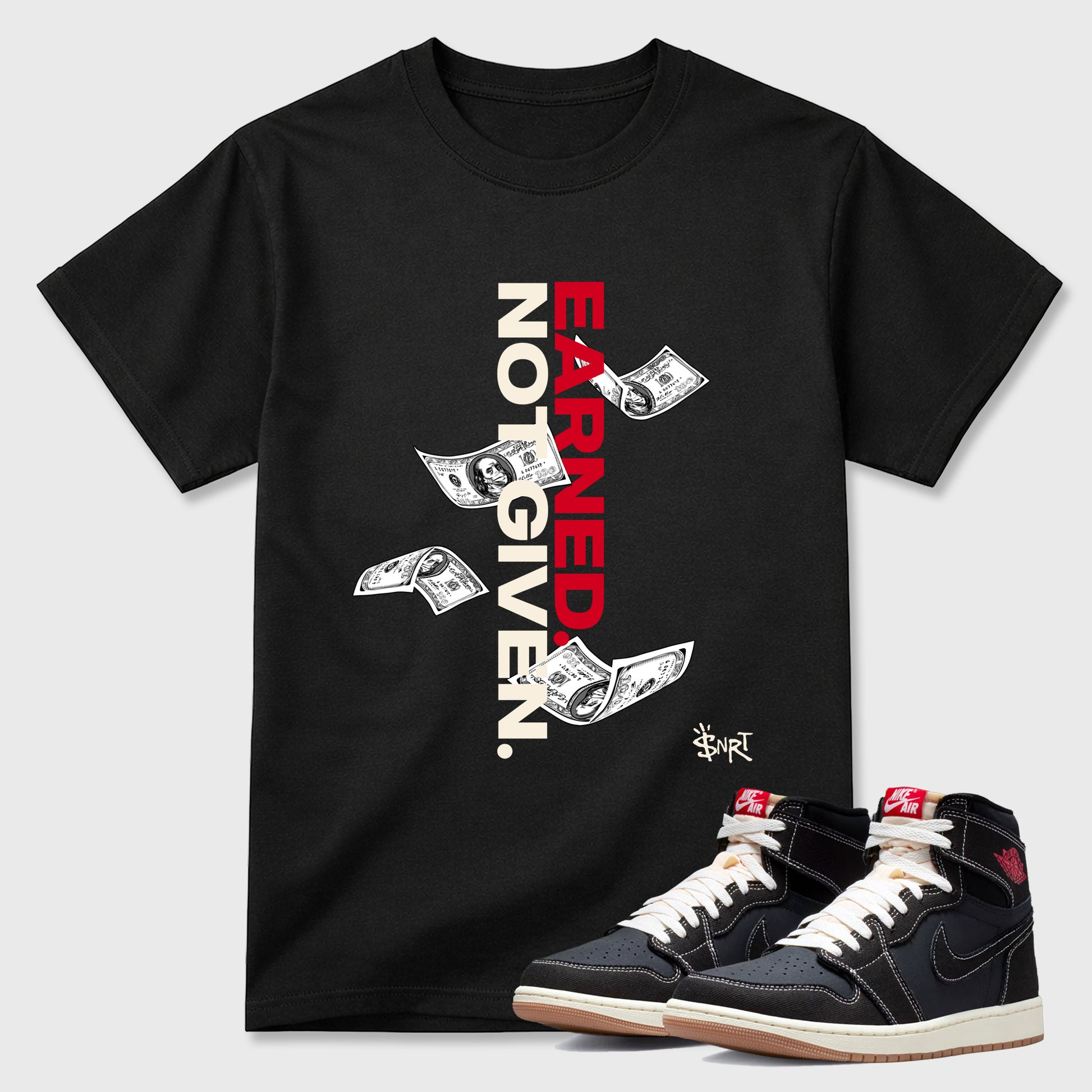 Sneaker match tees – Sneaker Tees To Match Air Jordan 1 Flight Club Shoes – Earned Not Given Tee Black 1