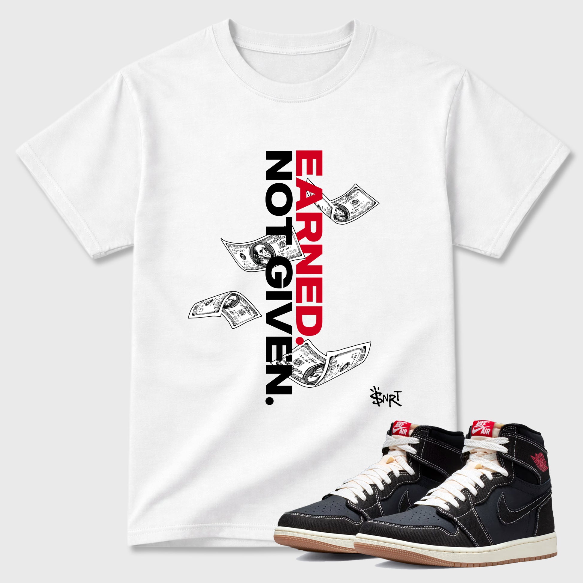 Sneaker match tees – Sneaker Tees To Match Air Jordan 1 Flight Club Shoes – Earned Not Given Tee White 1