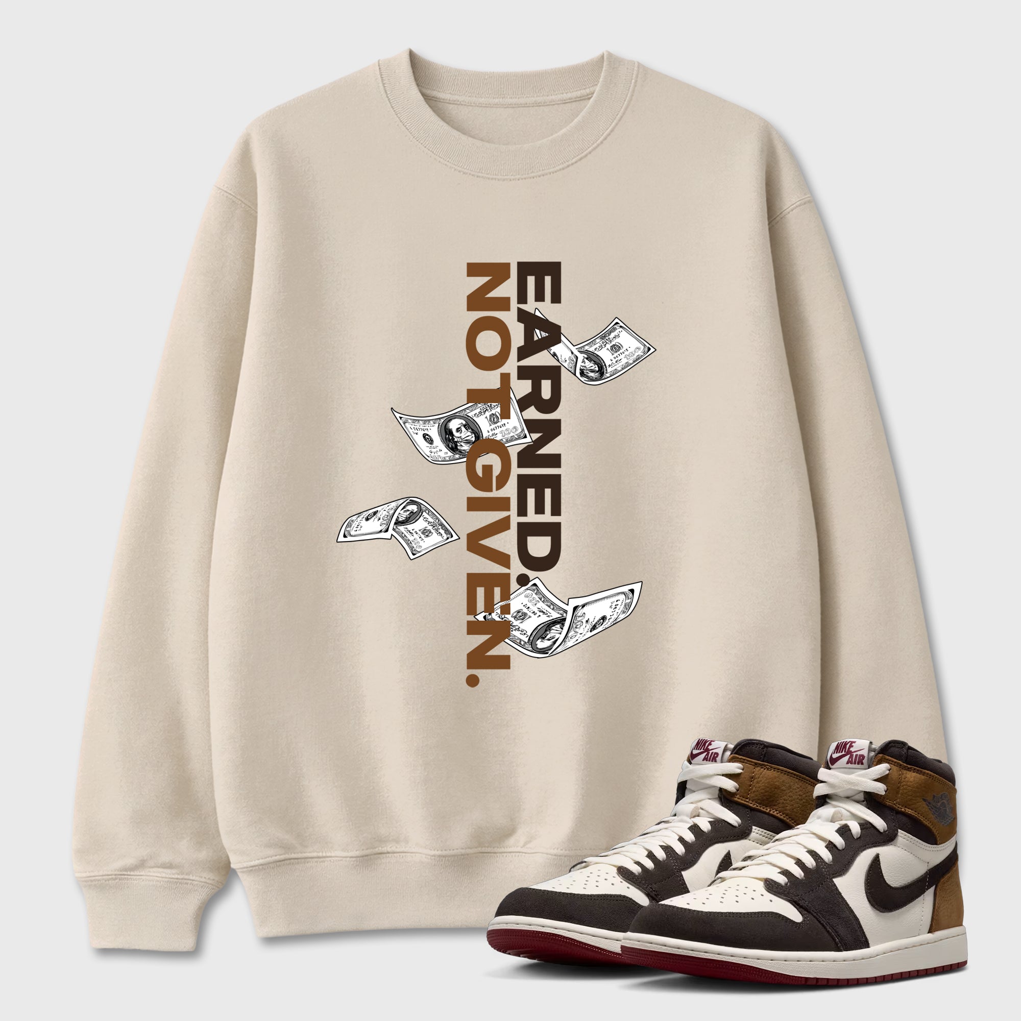 Earned Not Given Graphic T-Shirt featuring original streetwear artwork designed to match the Air Jordan 1 Love Letter. Natural 1 Graphic Tee.