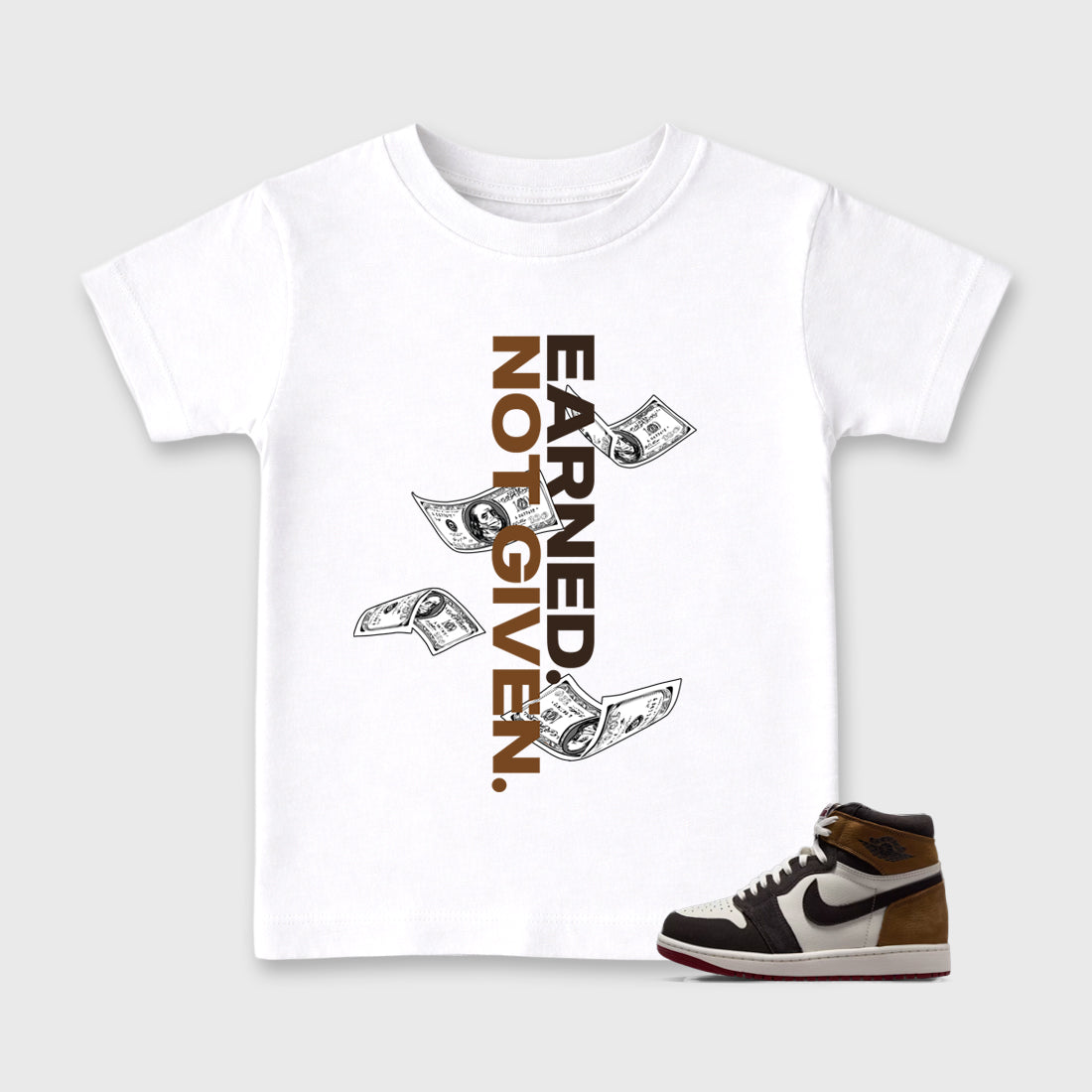 Earned Not Given Baby & Kids Graphic T-Shirt featuring original artwork designed to match the Air Jordan 1 Love Letter. White 1 Kids Graphic Tee.