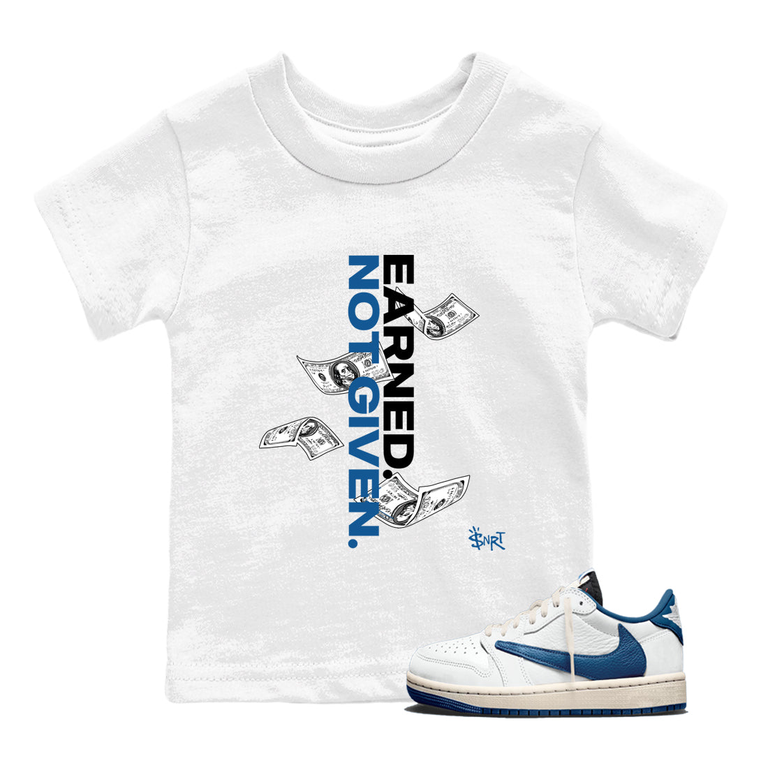 Sneaker Threads – Sneaker Threads To Match Air Jordan 1 Travis Scott Fragment Shoes – Earned Not Given Kids T-Shirt White 1