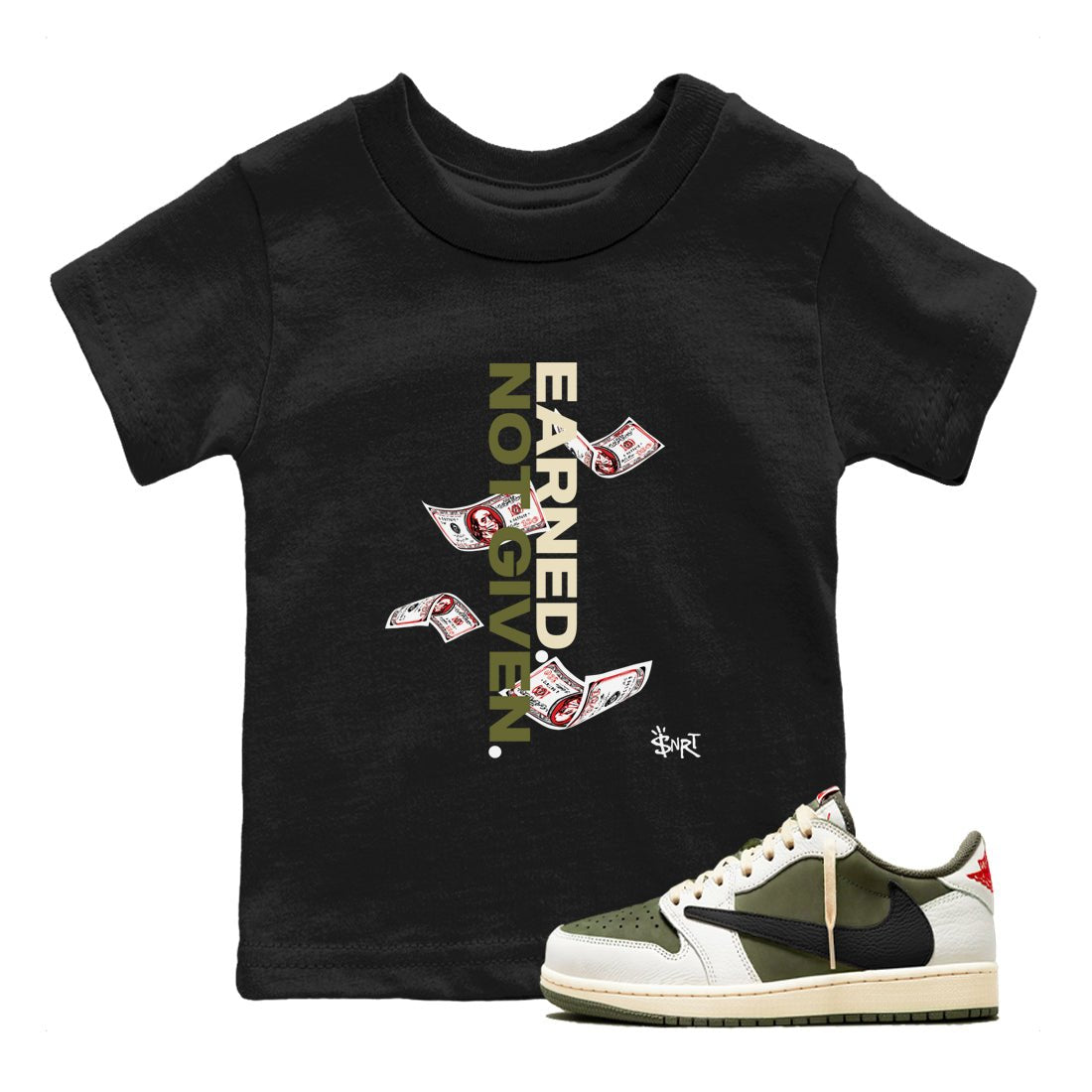 1s Travis Scott Medium Olive shirts to match jordans Earned Not Given sneaker match tees Air Jordan 1 Travis Scott Medium Olive SNRT Sneaker Release Tees Youth Baby Black 1 crew neck shirts