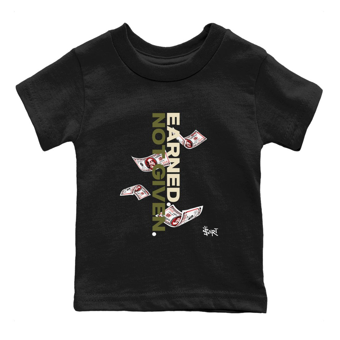 1s Travis Scott Medium Olive shirts to match jordans Earned Not Given sneaker match tees Air Jordan 1 Travis Scott Medium Olive SNRT Sneaker Release Tees Youth Baby Black 2 crew neck shirts