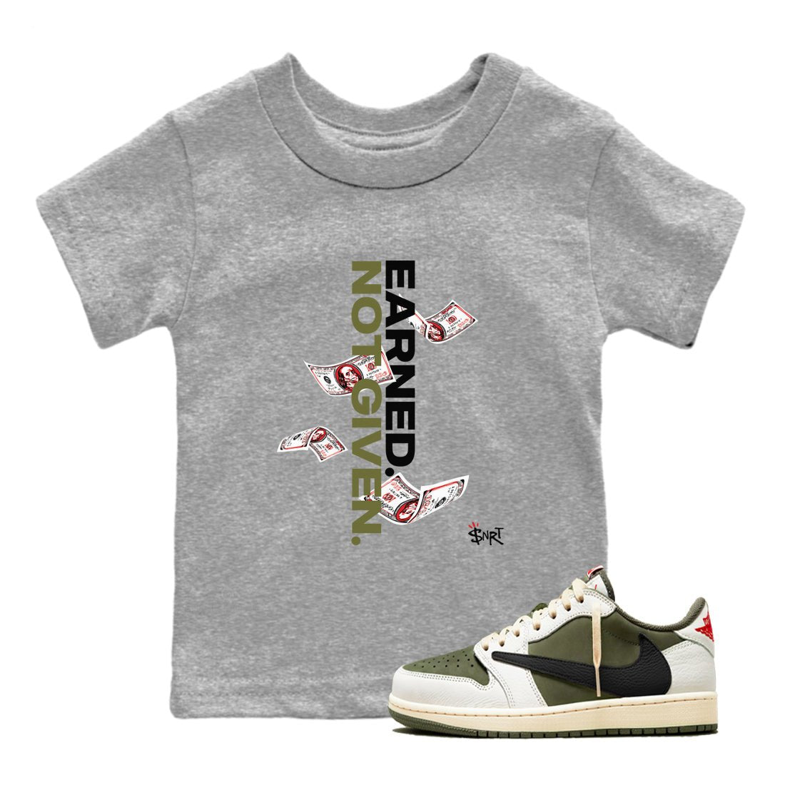 1s Travis Scott Medium Olive shirts to match jordans Earned Not Given sneaker match tees Air Jordan 1 Travis Scott Medium Olive SNRT Sneaker Release Tees Youth Baby Heather Grey 1 crew neck shirts