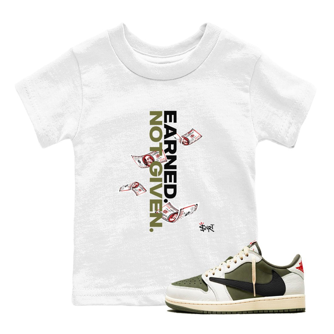 1s Travis Scott Medium Olive shirts to match jordans Earned Not Given sneaker match tees Air Jordan 1 Travis Scott Medium Olive SNRT Sneaker Release Tees Youth Baby White 1 crew neck shirts