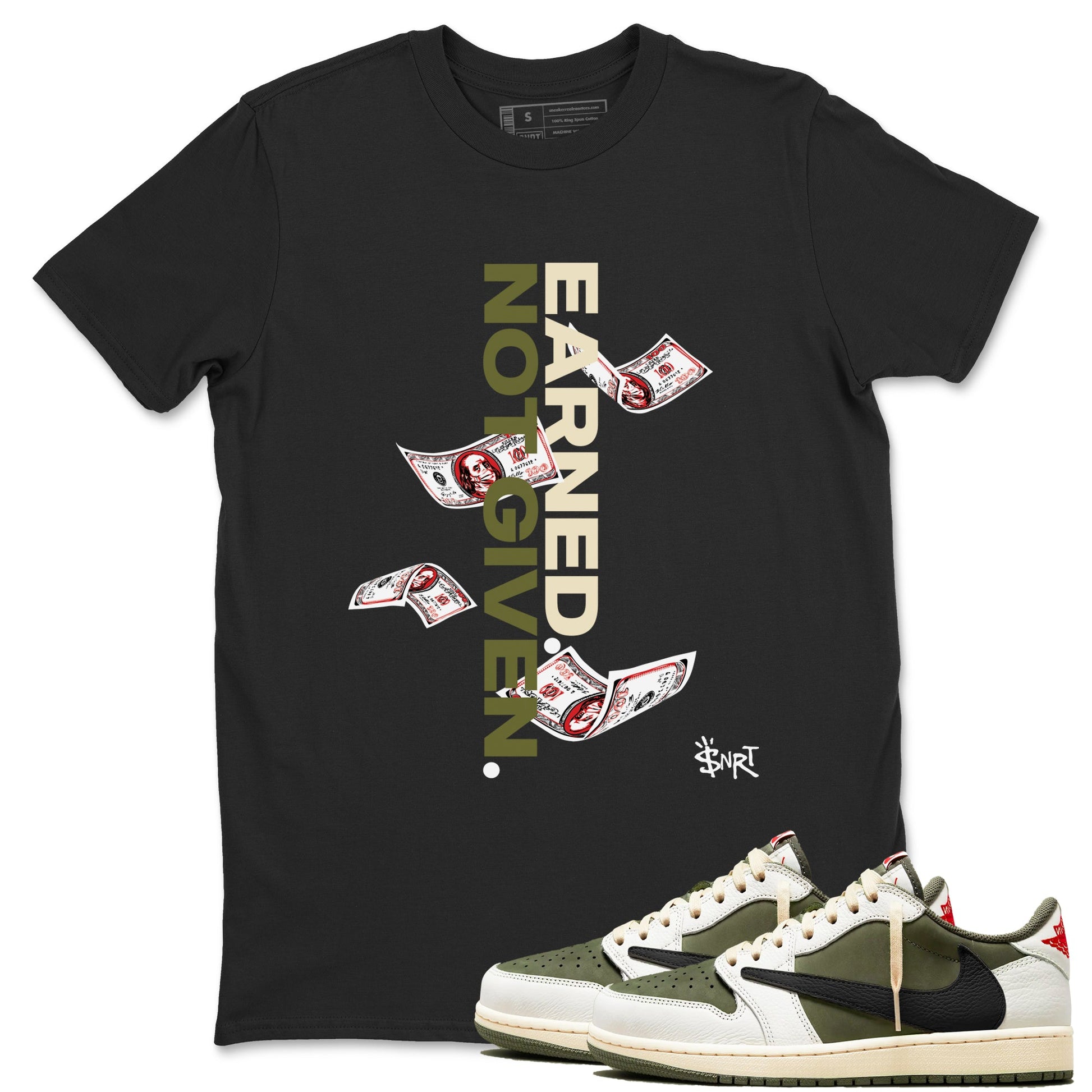 1s Travis Scott Medium Olive shirts to match jordans Earned Not Given sneaker match tees Air Jordan 1 Travis Scott Medium Olive SNRT Sneaker Release Tees unisex cotton Black 1 crew neck shirts