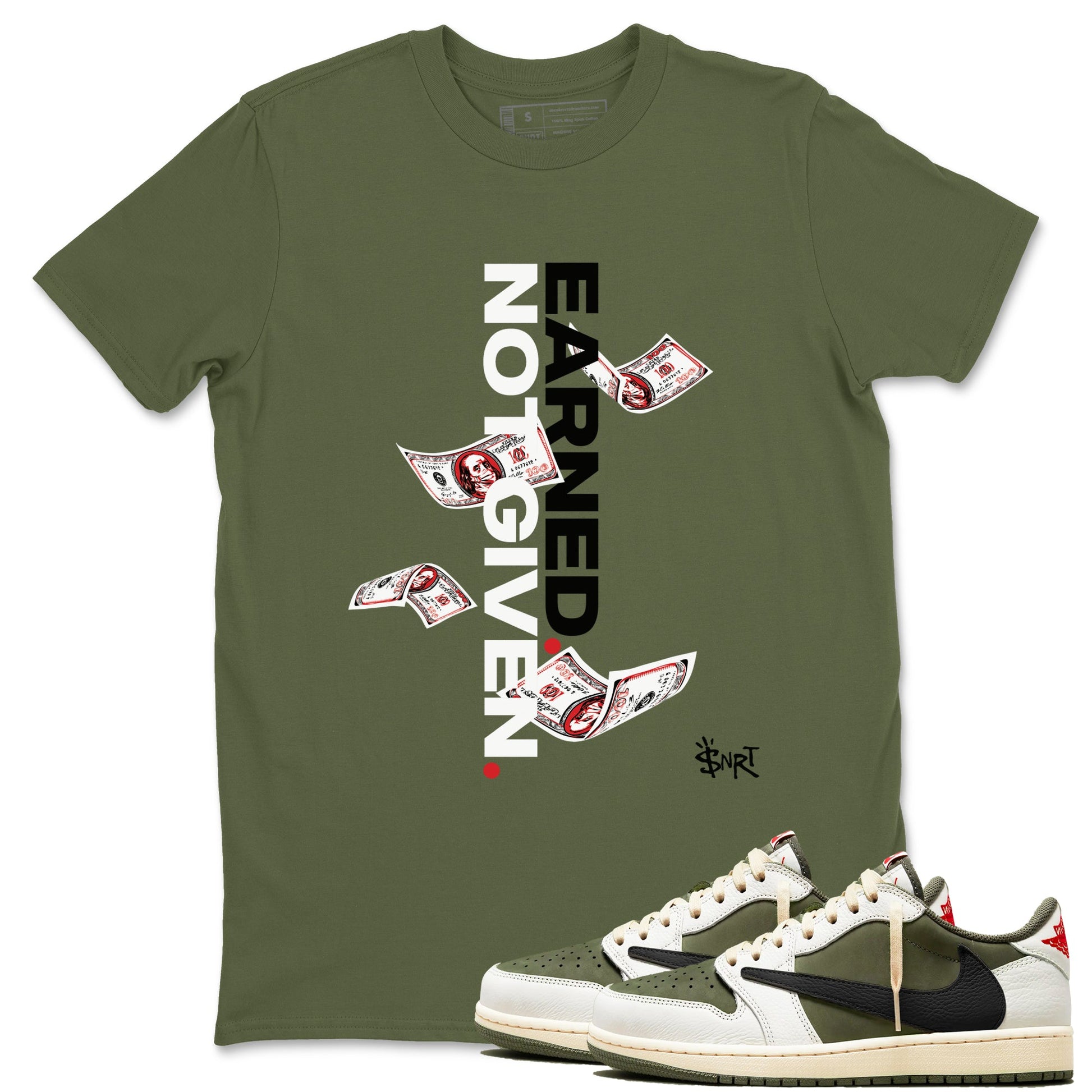 1s Travis Scott Medium Olive shirts to match jordans Earned Not Given sneaker match tees Air Jordan 1 Travis Scott Medium Olive SNRT Sneaker Release Tees unisex cotton Military Green 1 crew neck shirts