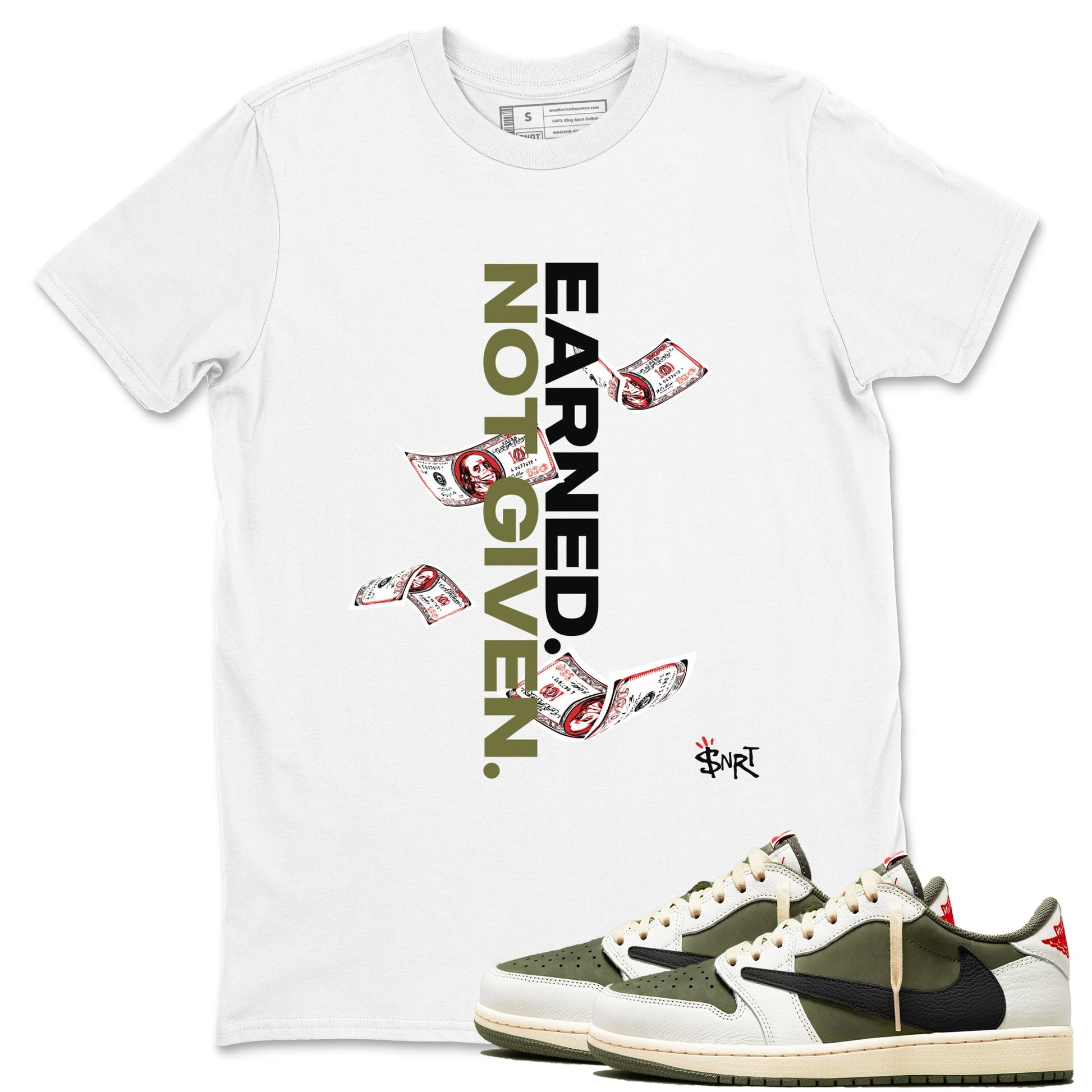 1s Travis Scott Medium Olive shirts to match jordans Earned Not Given sneaker match tees Air Jordan 1 Travis Scott Medium Olive SNRT Sneaker Release Tees unisex cotton White 1 crew neck shirts