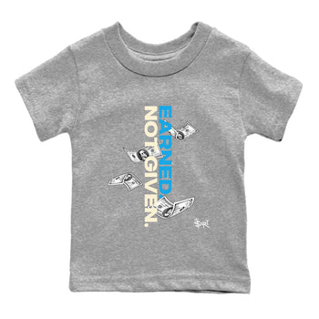Earned Not Given baby and kids t-shirt crafted for little sneakerheads to shine with the Air Jordan 1 UNC Reimagined sneakers, displayed in Heather Grey 2.