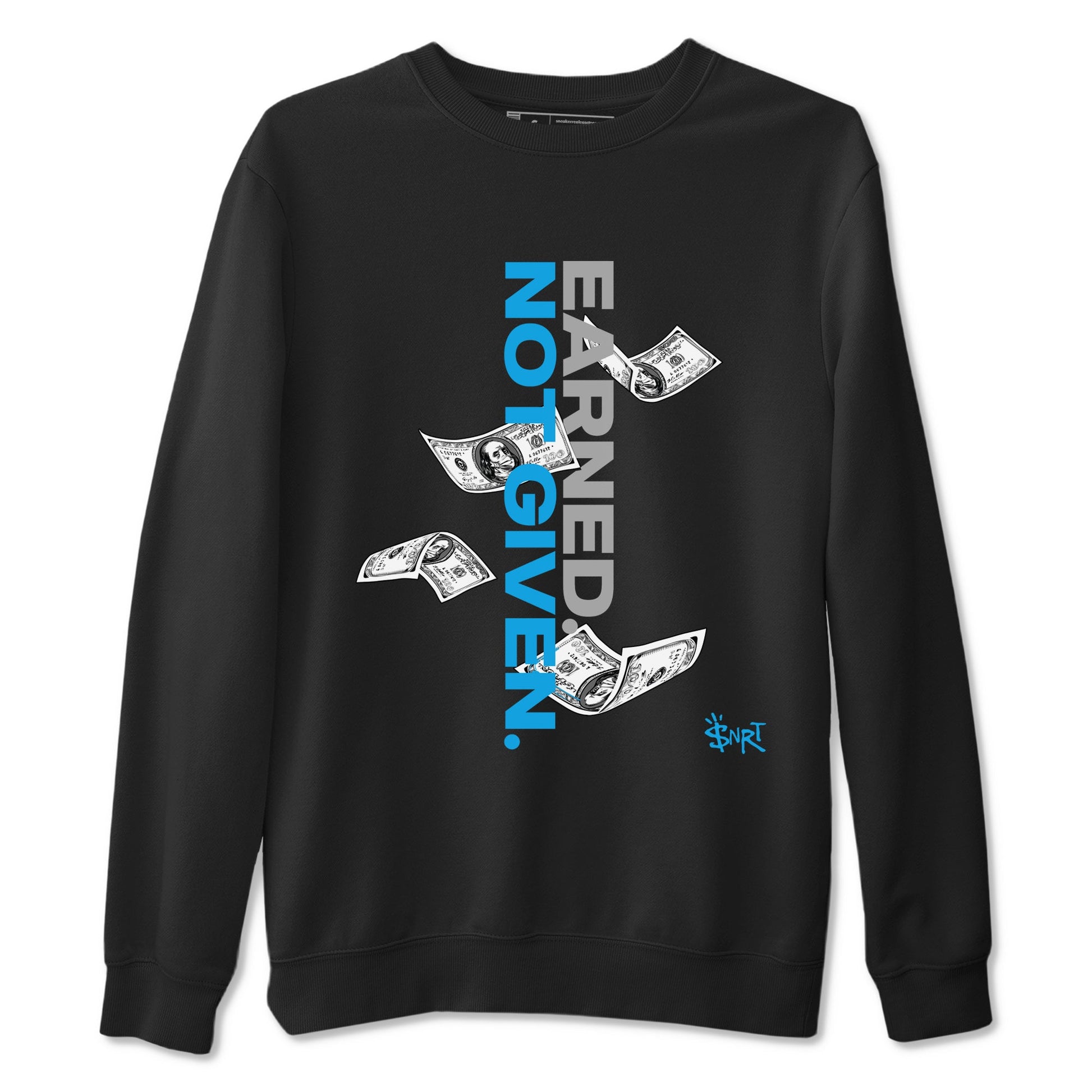 Earned Not Given sneaker match t-shirt styled to complete your fit with the Air Jordan 1 UNC Reimagined sneakers, shown in Black 2.