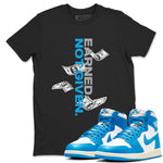 Earned Not Given sneaker match t-shirt styled to complete your fit with the Air Jordan 1 UNC Reimagined sneakers, shown in Black 1.