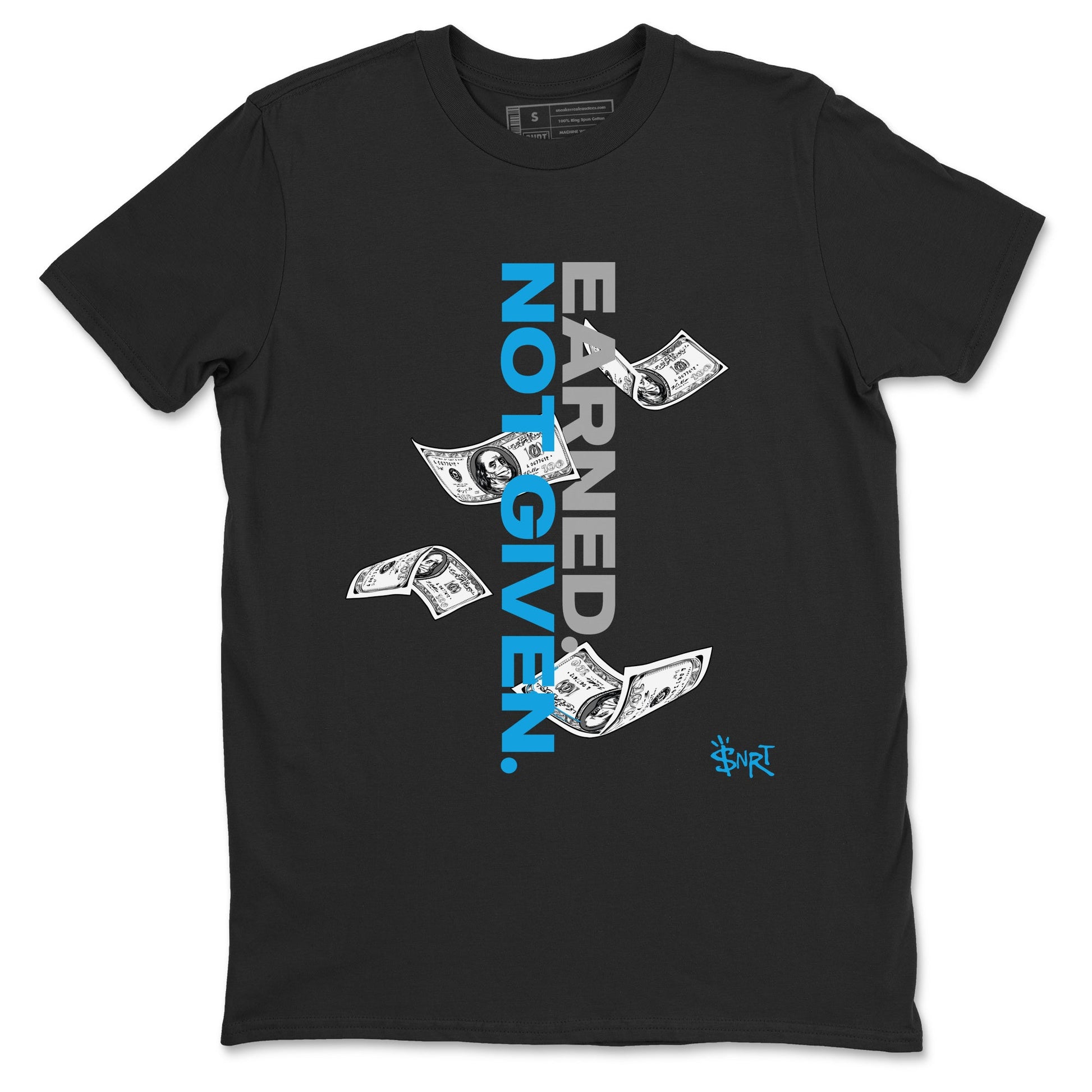 Earned Not Given sneaker match t-shirt styled to complete your fit with the Air Jordan 1 UNC Reimagined sneakers, shown in Black 2.