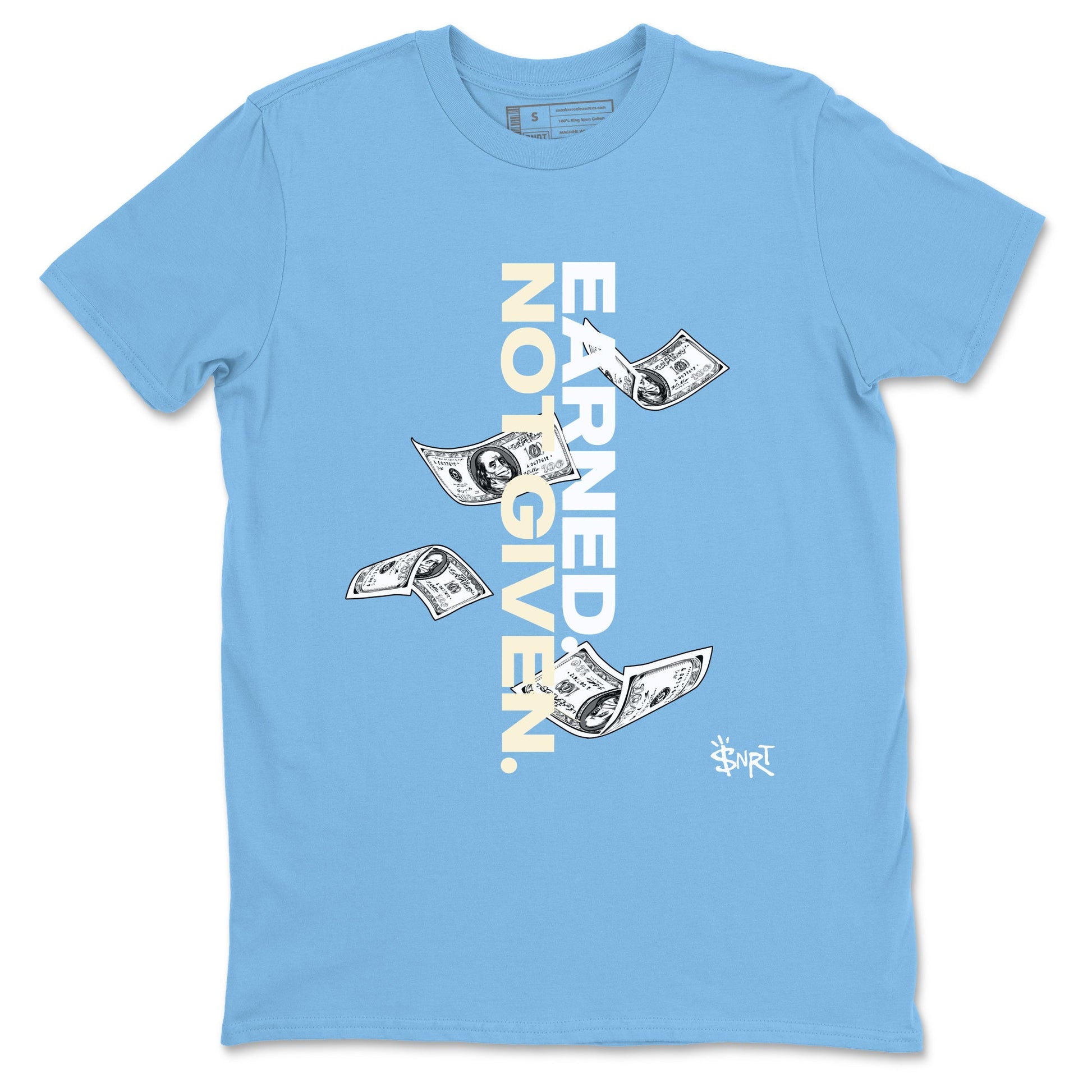 Earned Not Given sneaker match t-shirt styled to complete your fit with the Air Jordan 1 UNC Reimagined sneakers, shown in Carolina Blue 2.