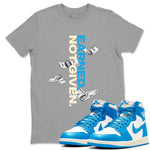 Earned Not Given sneaker match t-shirt styled to complete your fit with the Air Jordan 1 UNC Reimagined sneakers, shown in Heather Grey 1.