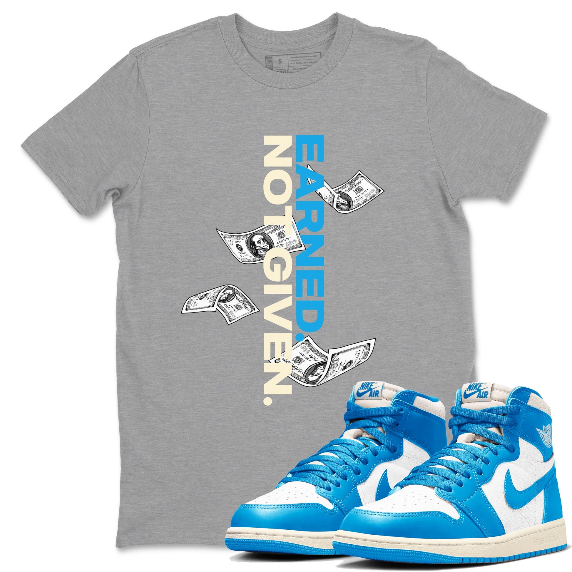 Earned Not Given sneaker match t-shirt styled to complete your fit with the Air Jordan 1 UNC Reimagined sneakers, shown in Heather Grey 1.