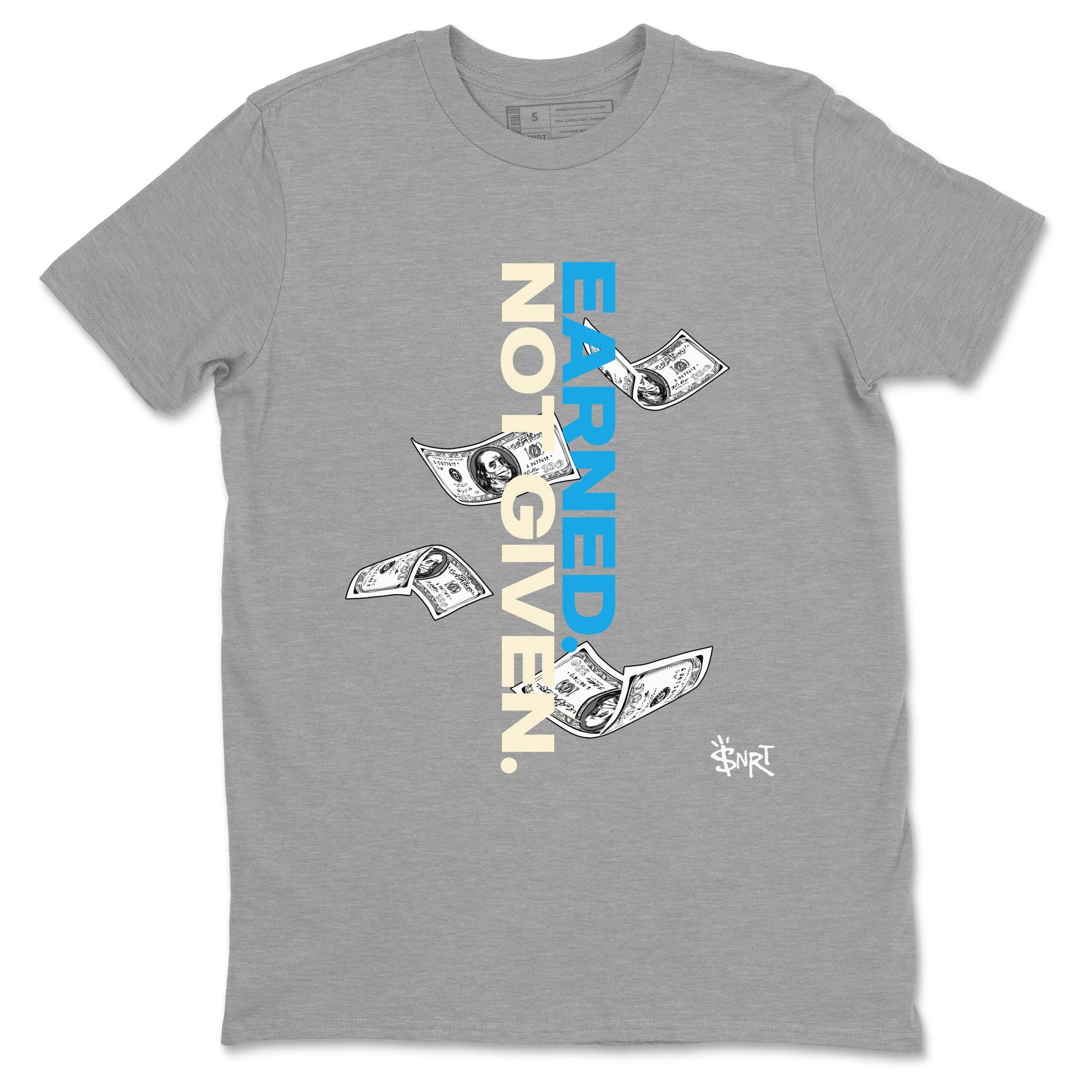 Earned Not Given sneaker match t-shirt styled to complete your fit with the Air Jordan 1 UNC Reimagined sneakers, shown in Heather Grey 2.
